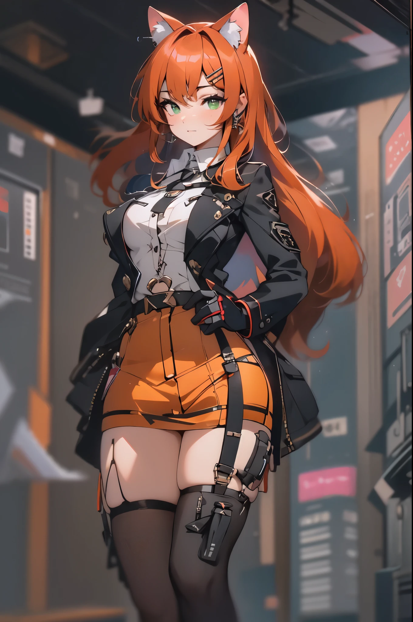 1girl, woman, solo, long hair, big hair, athletic, green eyes, Copper-colored orange hair, cat ears, small breasts, (overcoat, black coat, open coat:1.2), white shirt, collared shirt, (chest harness, shoulder strap:1.15), Black miniskirt, garters Gaze, small face bangss, holster, gloves, ((from below)), elegant, looking at viewer, standing, chromatic aberration, (close-up to face:1.2), face only masterpiece, best quality, 4k