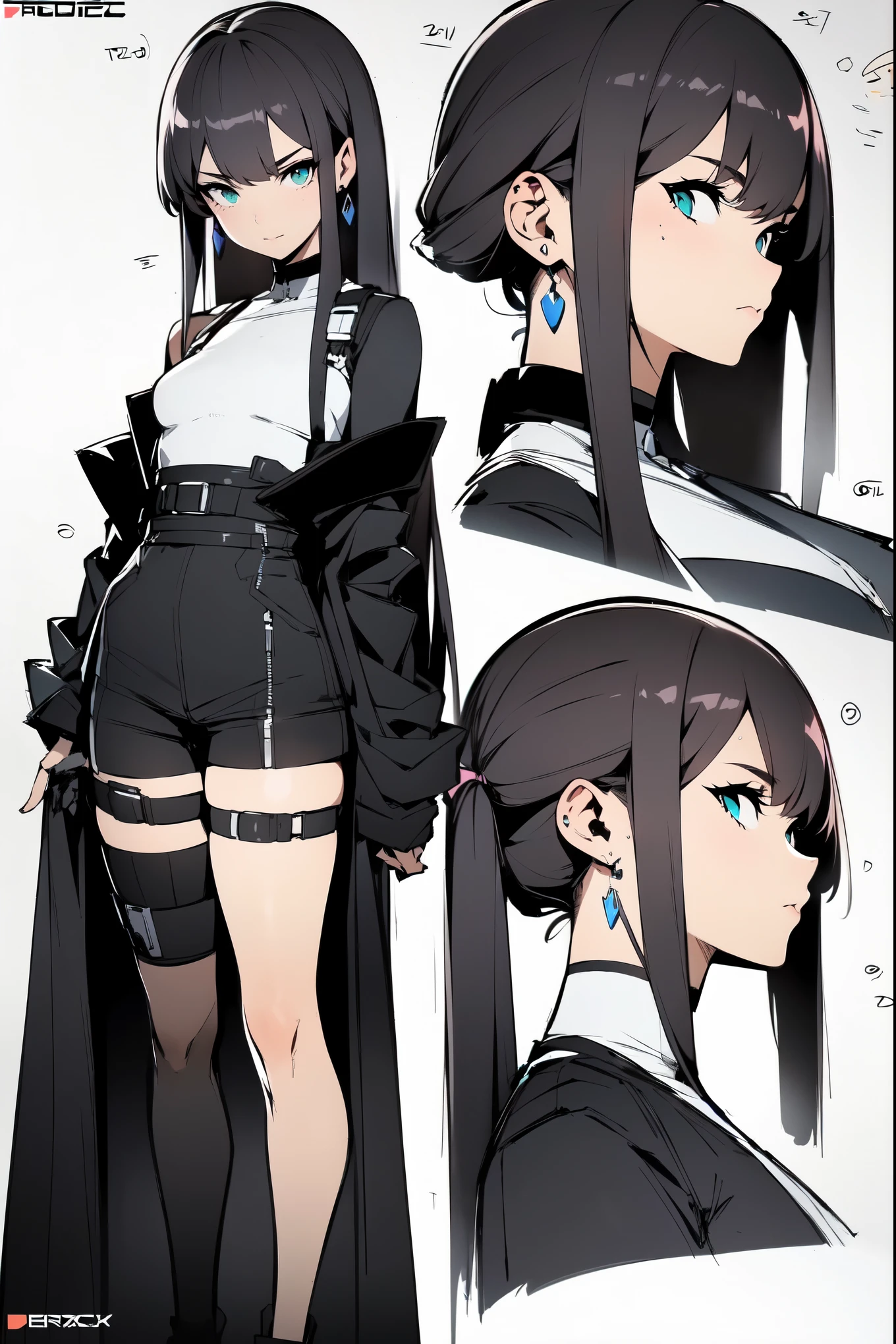 1girl, woman, solo, long hair, big hair, athletic, green eyes, orange hair, cat ears, small breasts, (overcoat, black coat, open coat:1.2), white shirt, collared shirt, (chest harness, shoulder strap:1.15), Black miniskirt, garters Gaze, small face bangss, holster, gloves, ((from below)), elegant, looking at viewer, standing, chromatic aberration, (close-up to face:1.2), face only masterpiece, best quality, 4k