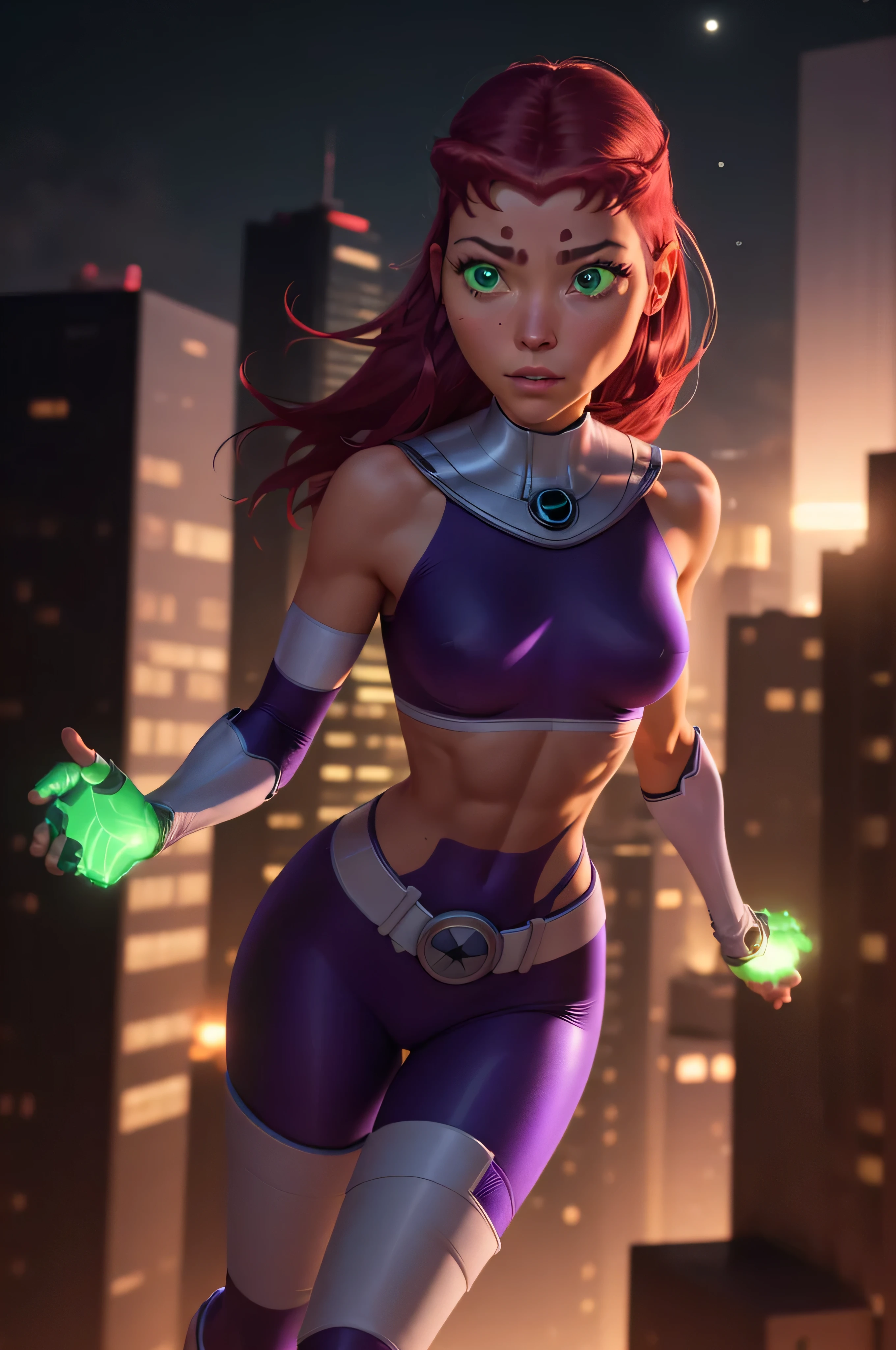 Starfire- Titans, orange skin, solo, red hair, gloves, 1girl, action shot, girl focus, boots, belt, abs, skin tight, realistic, superhero, spandex, (bodysuit), green eyes, detailed eyes, city, night, moon, ultra realistic,32k,RAW photo,(high detailed skin:1.2), 8k uhd, dslr, soft lighting, high quality, film grain, GLOWING GREEN HANDS, hovering in the sky, photo-realistic, octane render, unreal engine, ultra-realistic