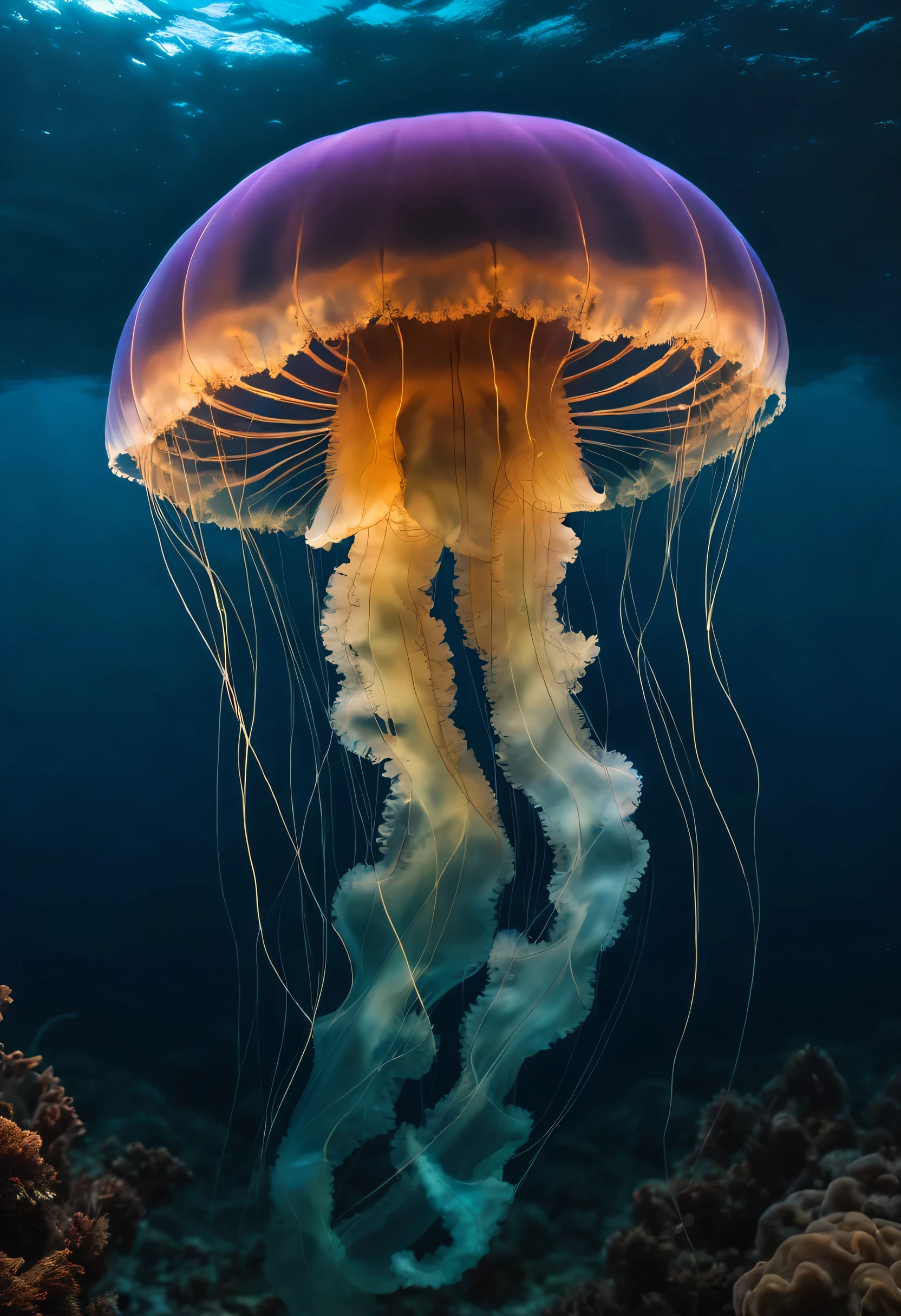 In the depths of the ocean, a luminous and bioluminescent jellyfish casts a mesmerizing silhouette against the symmetrical underwater landscape, its detailed and intricate features revealing a breathtaking display of nature's hidden magic.