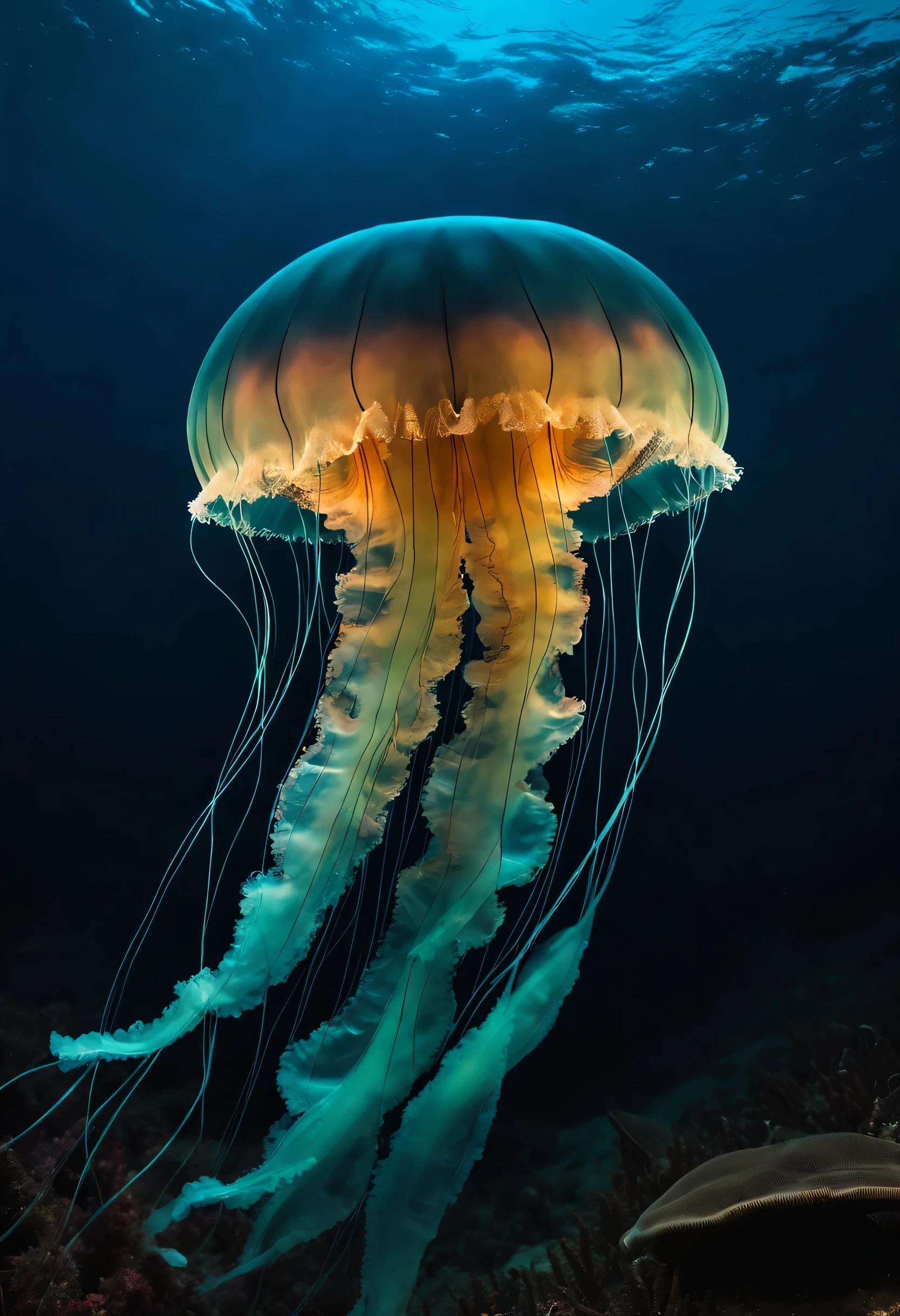 In the depths of the ocean, a luminous and bioluminescent jellyfish casts a mesmerizing silhouette against the symmetrical underwater landscape, its detailed and intricate features revealing a breathtaking display of nature's hidden magic.