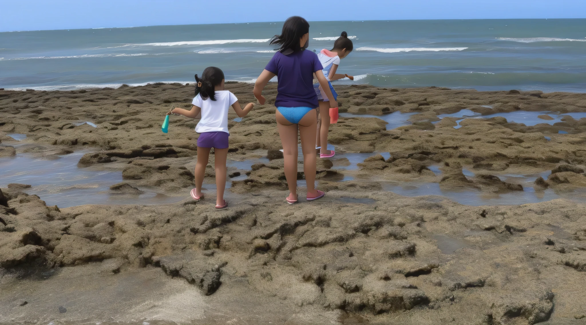 there are two girls standing on the rocks by the sea, piscinas naturais, brincando na praia, crateras de concha, kids brincando na praia, parado na praia, olhando para o oceano, parado ao lado do oceano, standing on the rock, perto do mar, children brincando na praia, standing near the beach, standing on the rocky ground, na praia