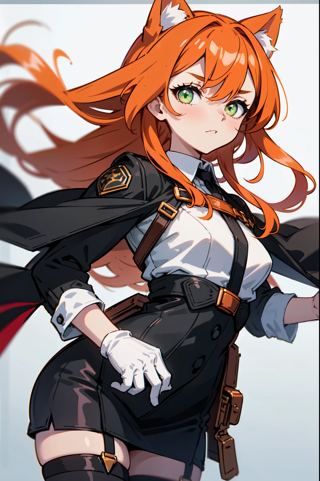 1girl, woman, solo, long hair, big hair, athletic, green eyes, Copper-colored orange hair, cat ears, small breasts, (overcoat, black coat, open coat:1.2), white shirt, collared shirt, (chest harness, shoulder strap:1.15), Black miniskirt, garters Gaze, small face bangss, holster, gloves, ((from below)), elegant, looking at viewer, standing, chromatic aberration, (close-up to face:1.2), face only masterpiece, best quality, 4k