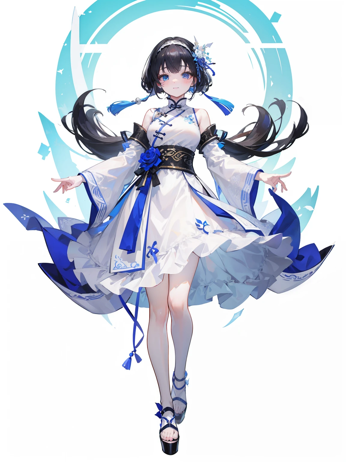 background white、White background、(top quality、8k、Masterpiece:1.3) Highly detailed facial and skin textures、Whole BodyEsbian、very delicate blue eyes、double eyelids、white skinned、hair length、(round face:1.5)、A black-haired one、ta dress with Chinese elements(Formal dress styles、Han element clothing、Chinese style、Modern Chinese fashion clothing)、Headband、hair tucking、Ice and white dove、smiling、front、Full body shot from head to toe、pass upright、stand up straight、Pictures of standing on the tips of shoes