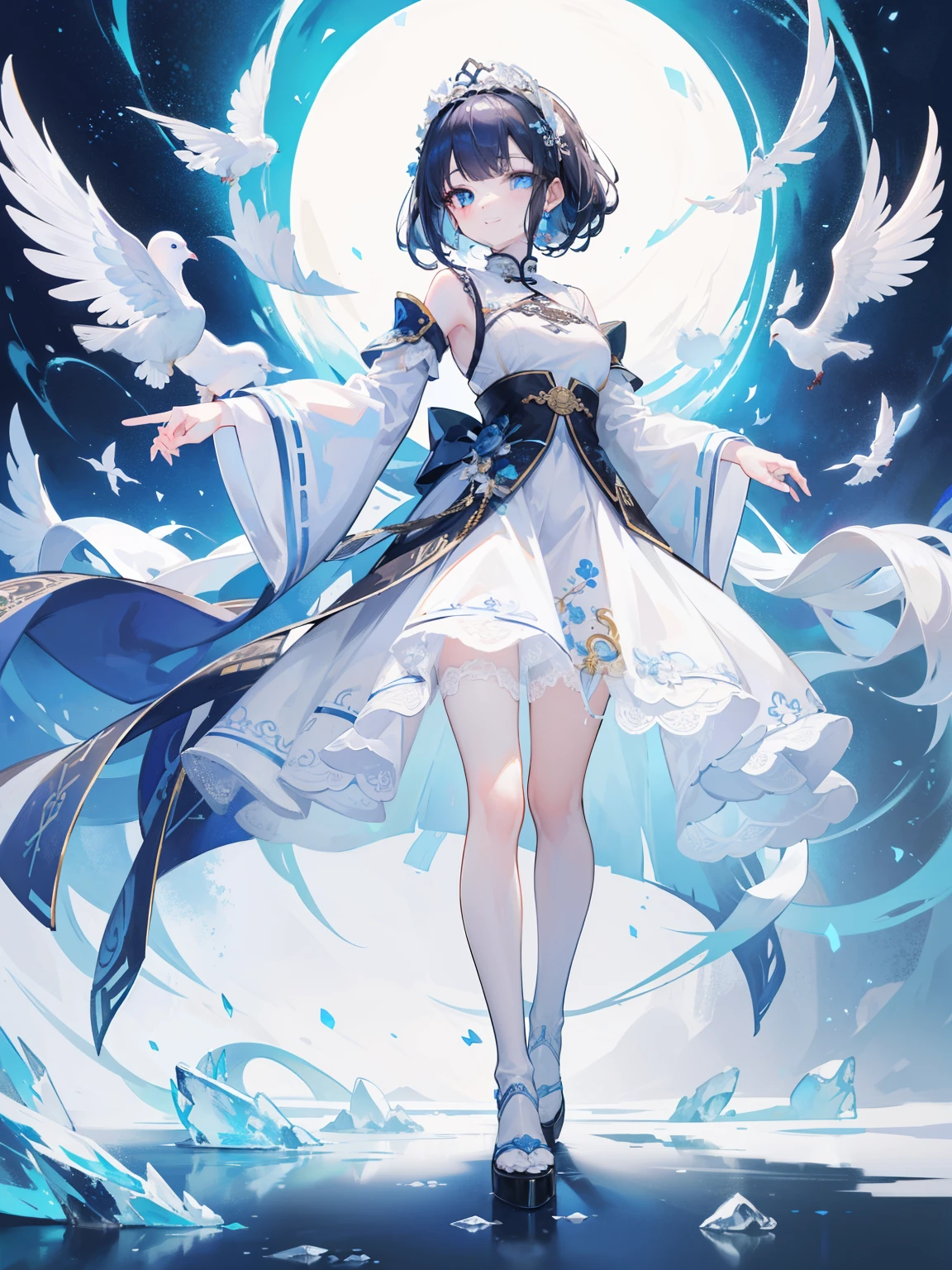 background white、White background、(top quality、8k、Masterpiece:1.3) Highly detailed facial and skin textures、Whole BodyEsbian、very delicate blue eyes、double eyelids、white skinned、hair length、(round face:1.5)、A black-haired one、Lolita dress with Chinese elements(Han element clothing、Chinese style、Formal dress elements)、Headband、hair tucking、Ice and white dove、smiling、front、Full body shot from head to toe、pass upright、stand up straight、Pictures of standing on the tips of shoes