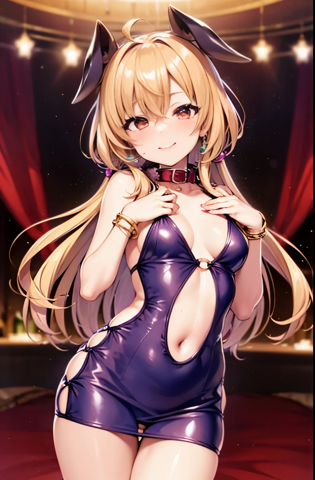 1 chica, (solo), Chica de anime con un vestido, de pie, microvestido, vestido brillante, Guantes de codo, ombligo, corte de cintura, ropa interior, microfalda, muslos altos, o ring, Collar, pulsera, dorado, joyas, escote, cara detallada, enfoque facial, ojos bonitos, sonrisa seductora, tiro de vaquero, NSFW , Hentai 