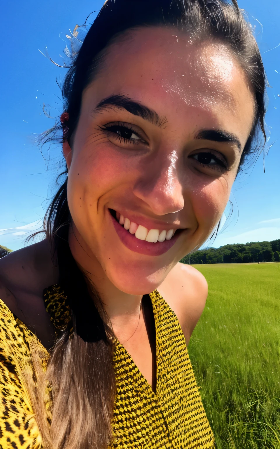 Photo, photo of a beautiful woman, selfie, close-up, on open air, Sun, Real nature, field, cheerful, ease, dress, I look at the viewer, ultra skin texture, close-up, Raw-Photo