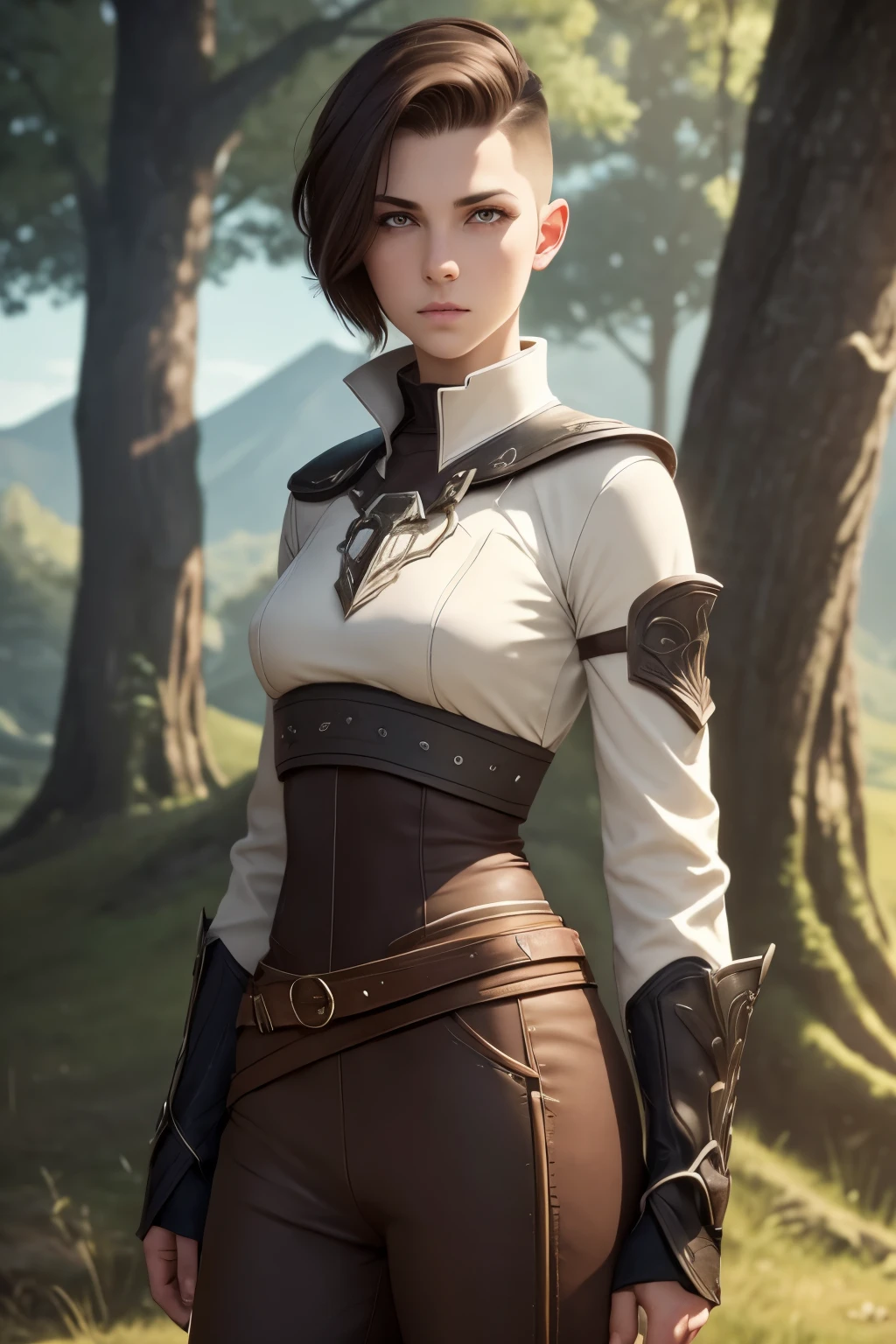 A young androgynous female cleric with an short undercut. Very pale skin with liverspots. Very short dark-brown hair with a undercut. Shaved sides. A pale soft narrow face with freckles. Very thin barely visible eyebrows. Big upturned eyes. Dark-brown eyecolour. Long wide nose. Curved soft lips. Soft round chin. Long neck. Wide hips. Long thick legs. Kind. Friendly. Tomboyish. Wearing a tight silver breast plate and tight brown pants. Background: Beautiful wide landscape with trees, hills and rivers. A vast blue sky.