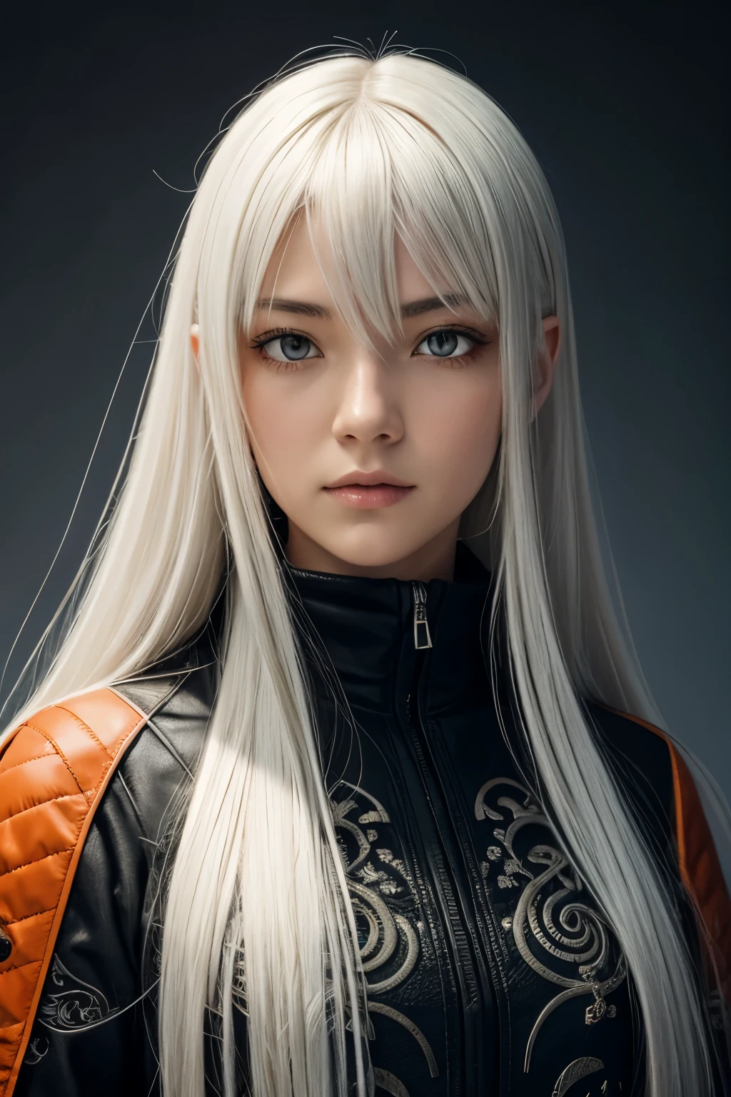 style of Tsutomu Nihei,(incredibly absurdres, (high resolution:1.18), intricate detail, (masterpiece:1.1), (highest quality:1.1), absurdres),(1girl, portrait, white hair, orange eyes, long hair, detailed eyes),