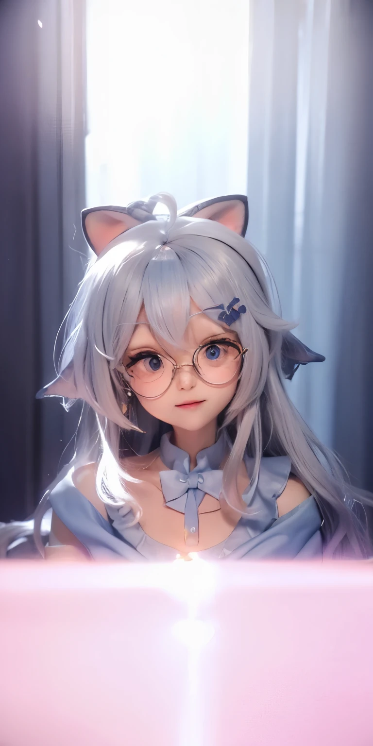 golden eyes，M-shaped bangs，Long gray hair，Pink heart glasses，Light blue fox ears and tail，Love shaped silly hair，Light blue maid outfit(sleeveless)，Dark blue shawl，Pixel whale headdress，Small fur ball earrings，Dark blue high heels，White knee socks