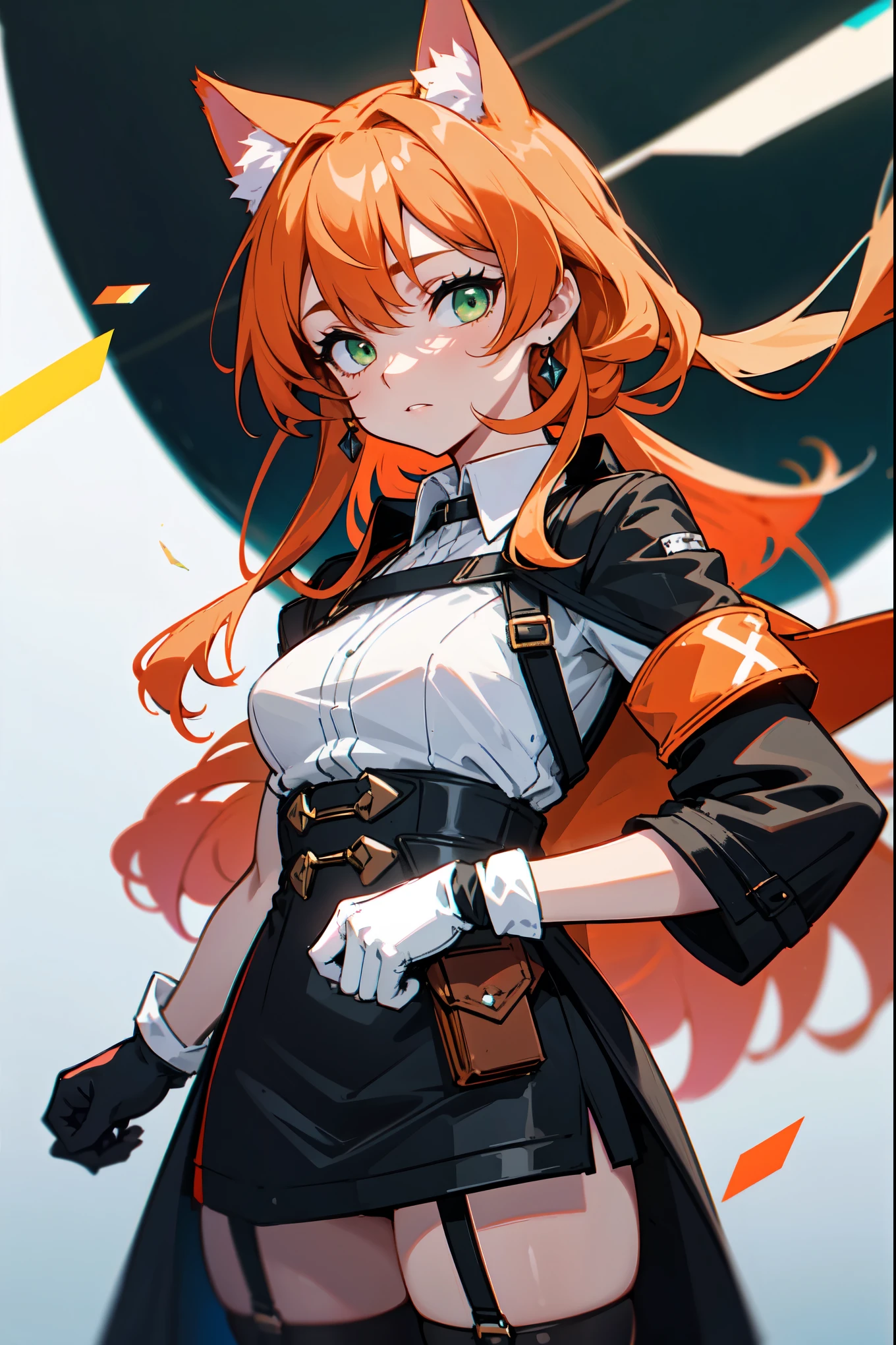 1girl, woman, solo, long hair, big hair, athletic, green eyes, Copper-colored orange hair, cat ears, small breasts, (overcoat, black coat, open coat:1.2), white shirt, collared shirt, (chest harness, shoulder strap:1.15), Black miniskirt, garters Gaze, small face bangss, holster, gloves, ((from below)), elegant, looking at viewer, standing, chromatic aberration, (close-up to face:1.2), face only masterpiece, best quality, 4k