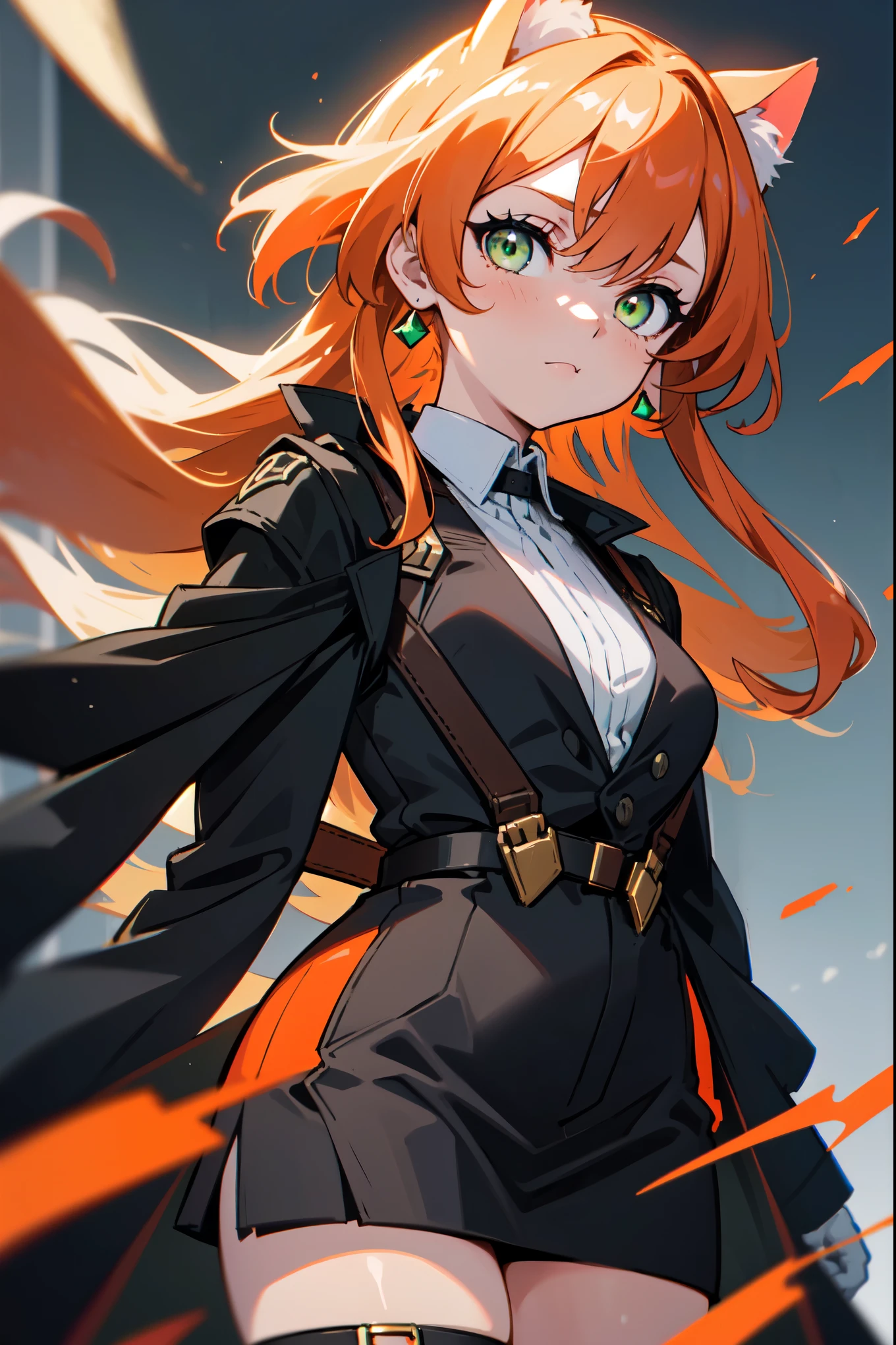 1girl, woman, solo, long hair, big hair, athletic, green eyes, Copper-colored orange hair, cat ears, small breasts, (overcoat, black coat, open coat:1.2), white shirt, collared shirt, (chest harness, shoulder strap:1.15), Black miniskirt, garters Gaze, small face bangss, holster, gloves, ((from below)), elegant, looking at viewer, standing, chromatic aberration, (close-up to face:1.2), face only masterpiece, best quality, 4k