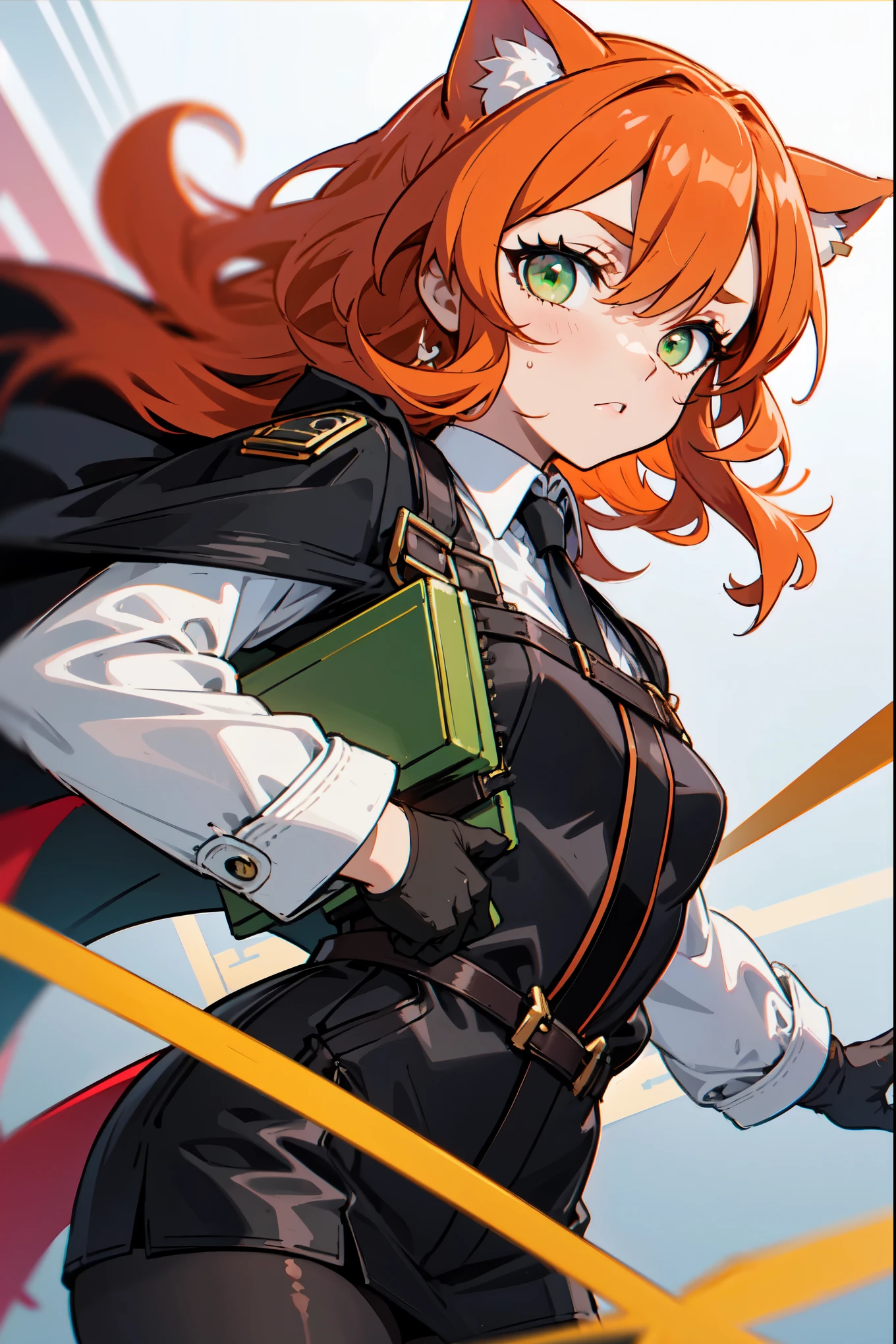 1girl, woman, solo, long hair, big hair, athletic, green eyes, Copper-colored orange hair, cat ears, small breasts, (overcoat, black coat, open coat:1.2), white shirt, collared shirt, (chest harness, shoulder strap:1.15), Black miniskirt, garters Gaze, small face bangss, holster, gloves, ((from below)), elegant, looking at viewer, standing, chromatic aberration, (close-up to face:1.2), face only masterpiece, best quality, 4k