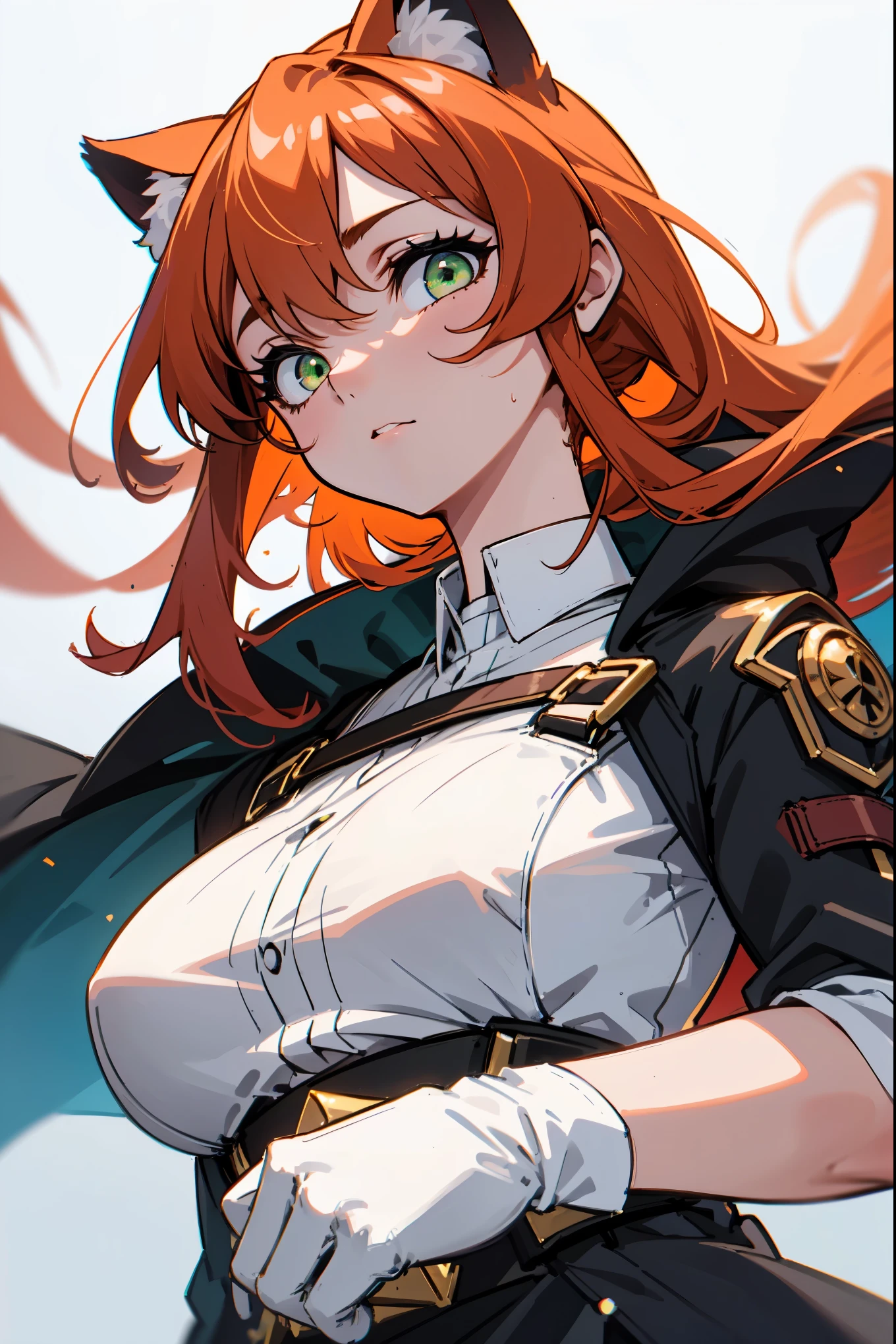 1girl, woman, solo, long hair, big hair, athletic, green eyes, Copper-colored orange hair, cat ears, small breasts, (overcoat, black coat, open coat:1.2), white shirt, collared shirt, (chest harness, shoulder strap:1.15), Black miniskirt, garters Gaze, small face bangss, holster, gloves, ((from below)), elegant, looking at viewer, standing, chromatic aberration, (close-up to face:1.2), face only masterpiece, best quality, 4k