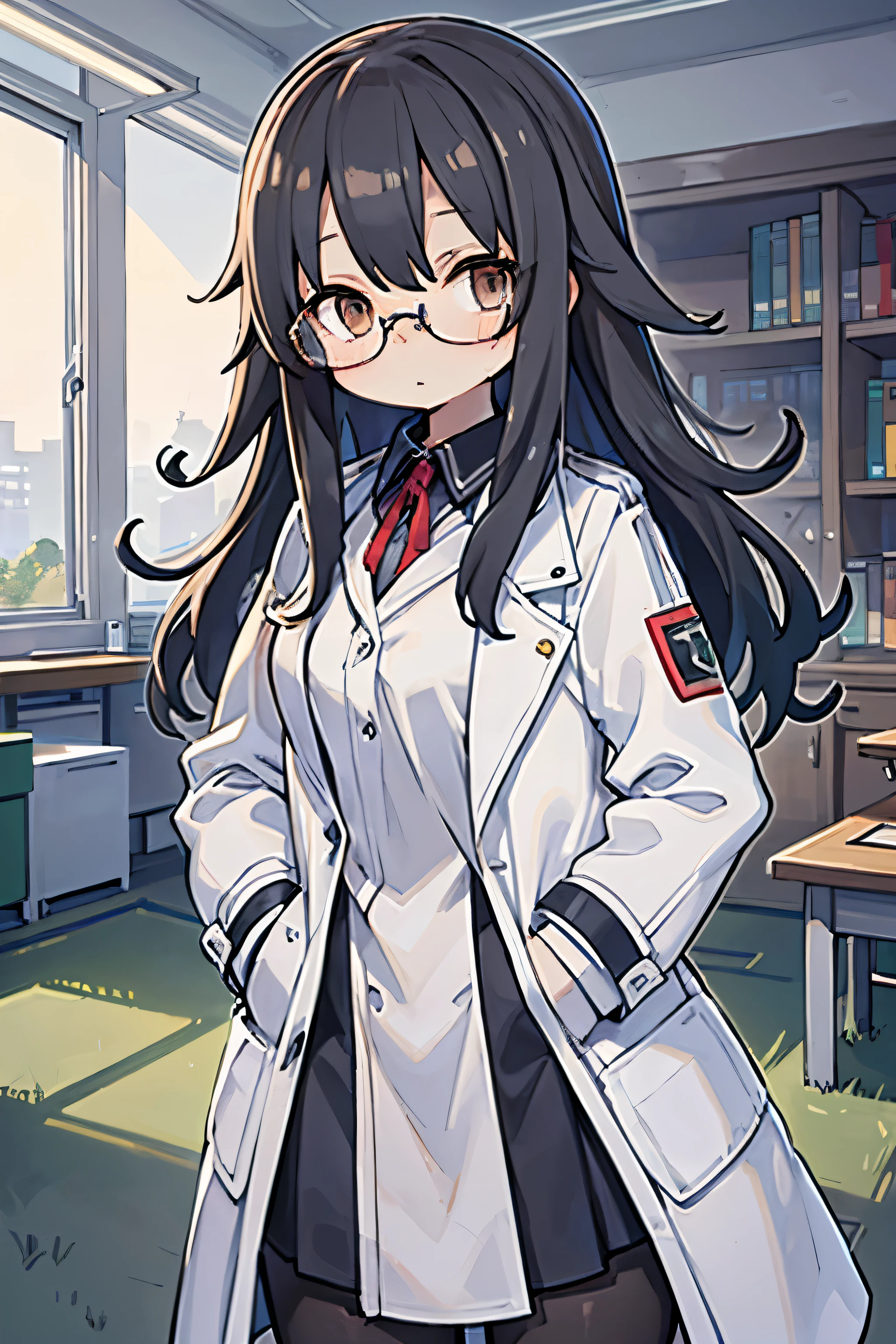 Chemical Fiction,flask ,woman,,28 years old,Local order,brown eyes,long hairstyle,messy hair、white gray on black hair,scientist uniform,white researcher coat,open meadow,Research room、bend down、big round glasses、with my hands in my pockets、
