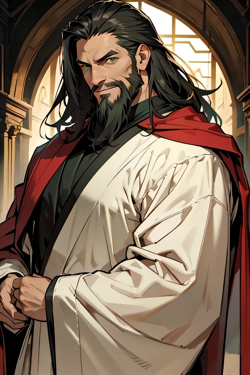 best quality,middle aged man, Age 40+,Thin hair, little hair,There is a little beard.,A creepy smile.,Big shape,Wearing white robes in the Greco-Roman style..,The muscles can be clearly seen..,green eyes,Formidable,Excellent,straight face shape