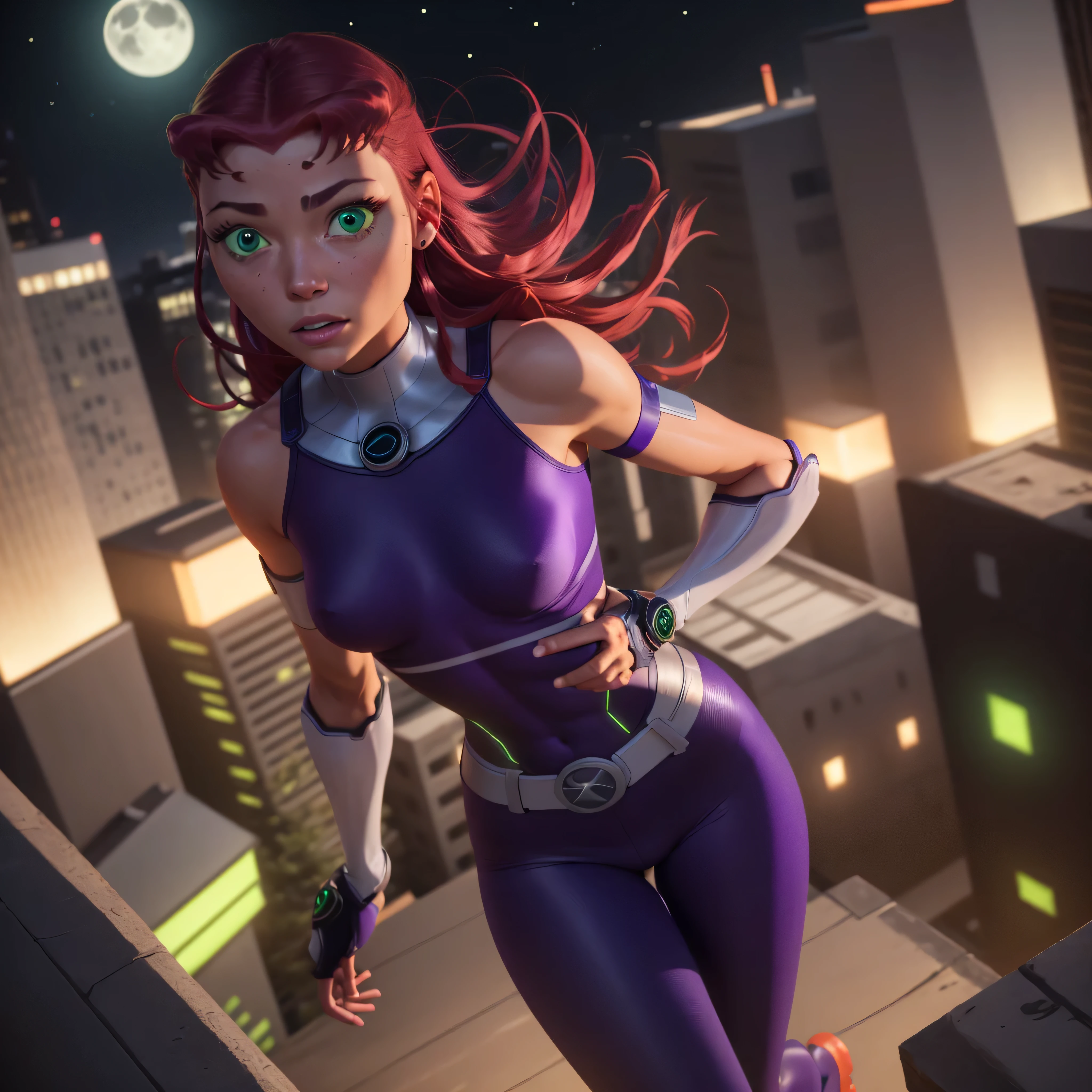 Starfire-Teen Titans, orange skin, solo, red hair, gloves, 1girl, action shot, girl focus, boots, belt, abs, skin tight, realistic, superhero, spandex, (bodysuit), green eyes, detailed eyes, city, night, moon, ultra realistic,32k,RAW photo,(high detailed skin:1.2), 8k uhd, dslr, soft lighting, high quality, film grain, GLOWING GREEN HANDS, hovering in the sky, photo-realistic, octane render, unreal engine, ultra-realistic