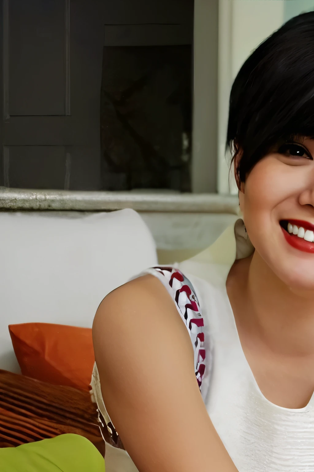 araffe woman sitting on a couch with a basket of food, with short hair, with a seductive smile, mai anh tran, short hair, cindy avelino, with a beautifull smile, charming smile, cute seductive smile, with short hair with bangs, short smile, seductive smile, lovely smile, short haircut, with a bob cut