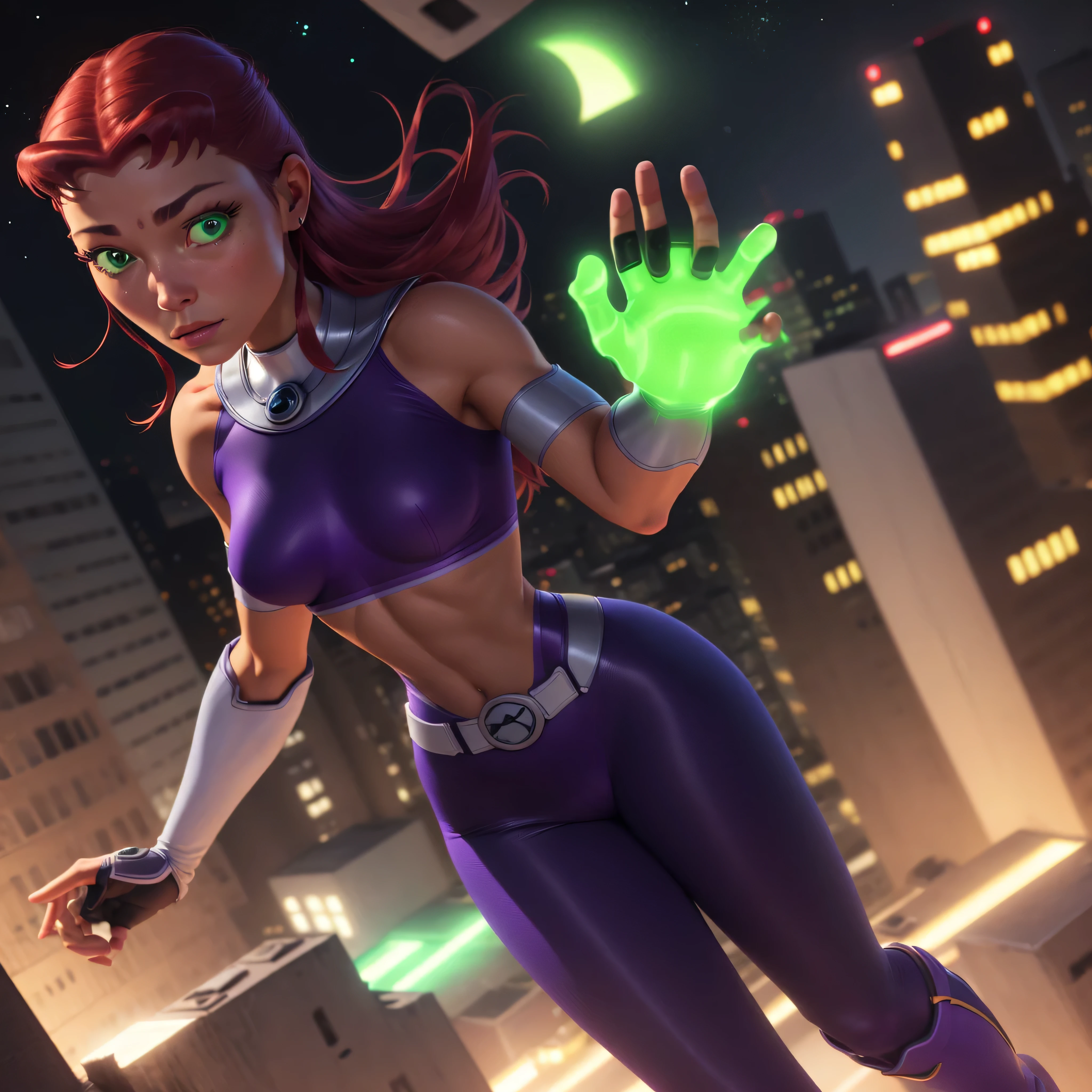 Starfire- Titans, orange skin, solo, red hair, gloves, 1girl, action shot, girl focus, boots, belt, abs, skin tight, realistic, superhero, spandex, (bodysuit), green eyes, detailed eyes, city, night, moon, ultra realistic,32k,RAW photo,(high detailed skin:1.2), 8k uhd, dslr, soft lighting, high quality, film grain, GLOWING GREEN HANDS, hovering in the sky, photo-realistic, octane render, unreal engine, ultra-realistic