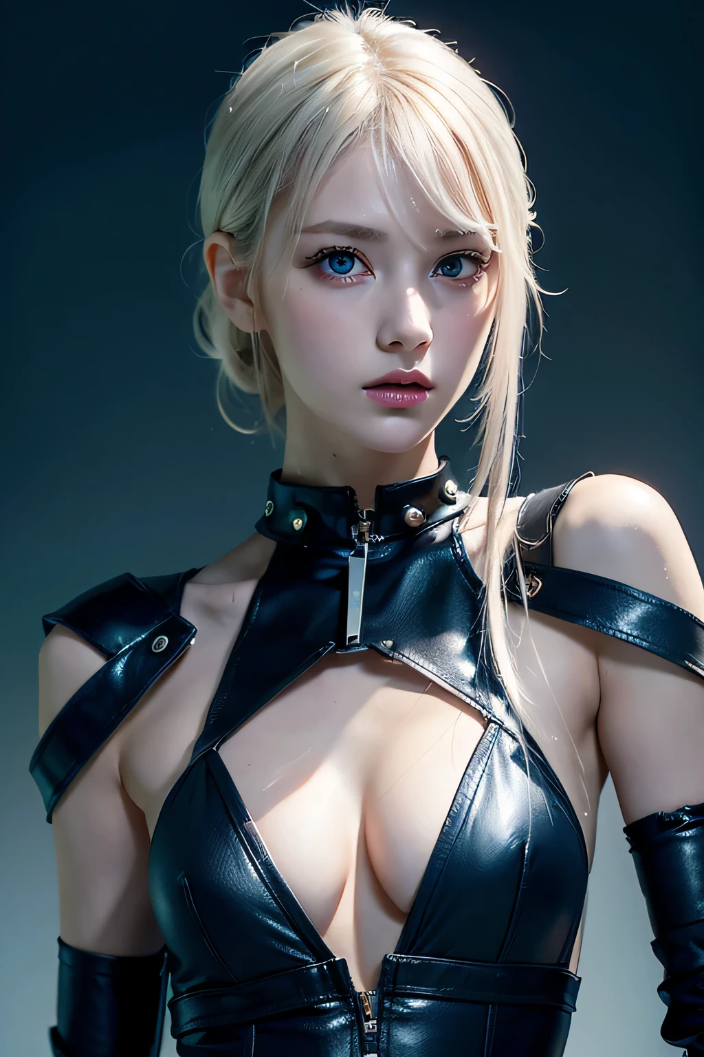 8k、High resolution、punk fashion、beautiful girl、Android Body、young、white skin,、narrow eyes,high nose,lighting that illuminates the face、clear image、intellectual beauty、skinny、no makeup、anxious look、lighting that illuminates the face,shining hair、single eyelid,blue eyes