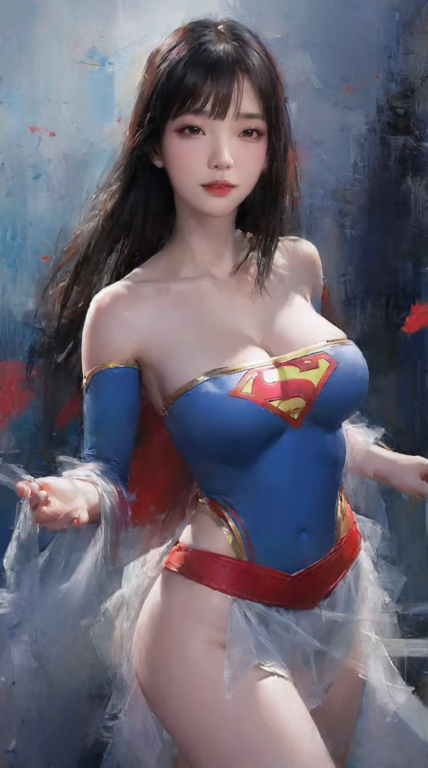 game character, East Asian original art character design, 1 girl, alone,[:(gradient background:1.5):40],full body lesbian, big breasts, Supergirl costume dress