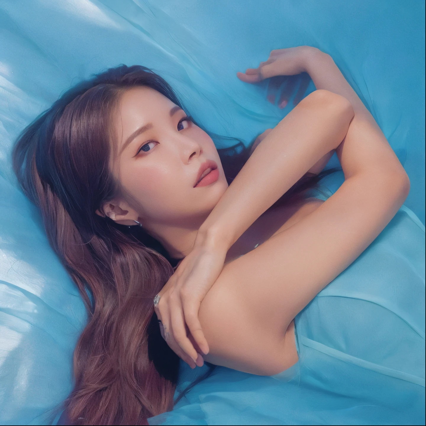 Araffe woman lying on a blue sheet with her arms crossed., sun yunjoo, heonhwa choe, retrato solar de mamamoo de, Photoshoot, kim taejin, cristal, sha xi, tiro promocional, jiyun chae, De mi parte, park De mi parte, glossy magazine Photoshoot, tiffany, solar de mamamoo , solar de mamamoo , yo, arte de fan