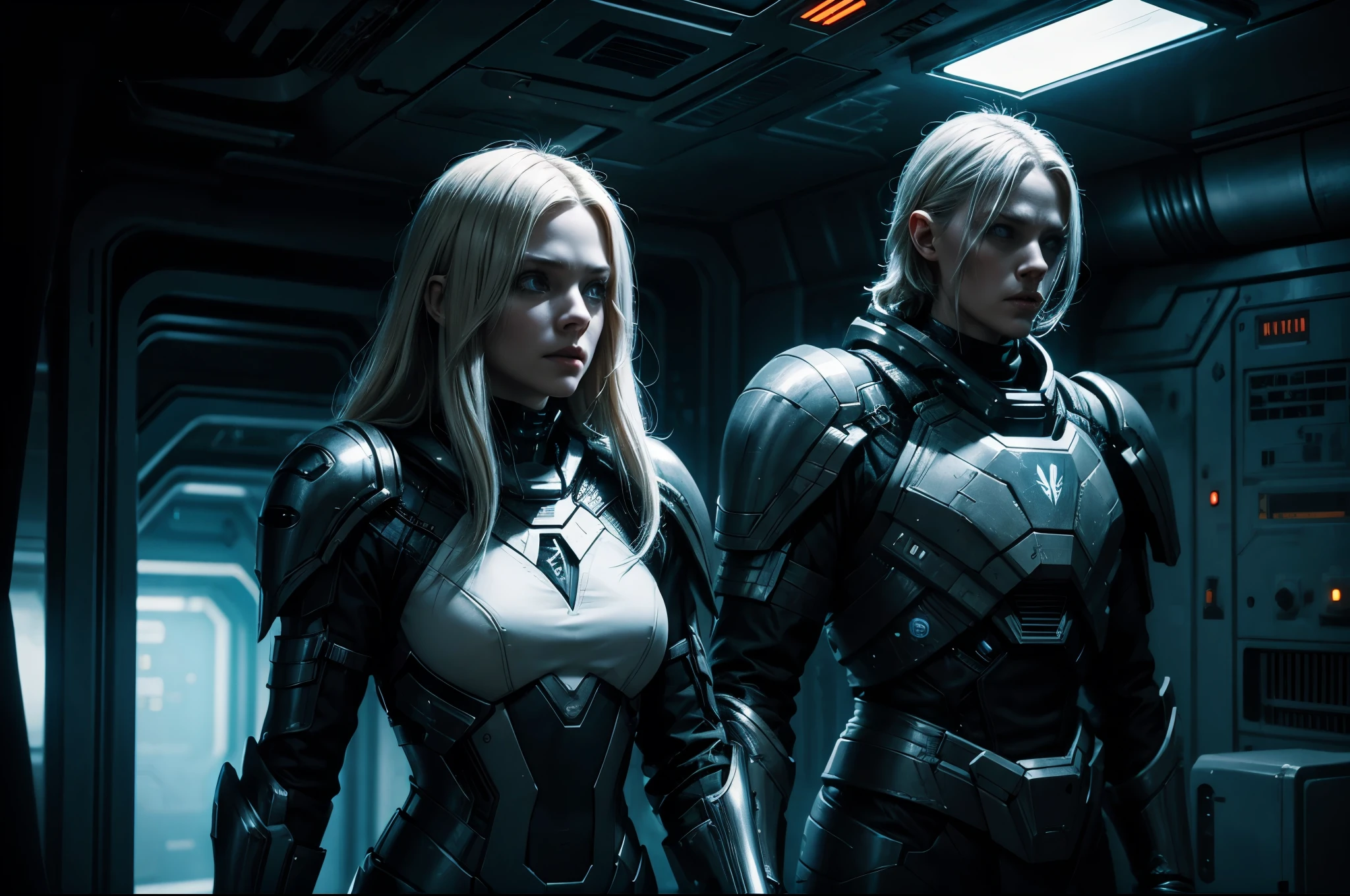 Cinematic, A woman with long short blond hair with gray and black metal sci-fi armor, in the dark corridor of a spaceship, 'alien the eighth passenger' movie style, electronic, sci-fi style, high quality, cinematic atmosphere, very detailed , high quality, high resolution