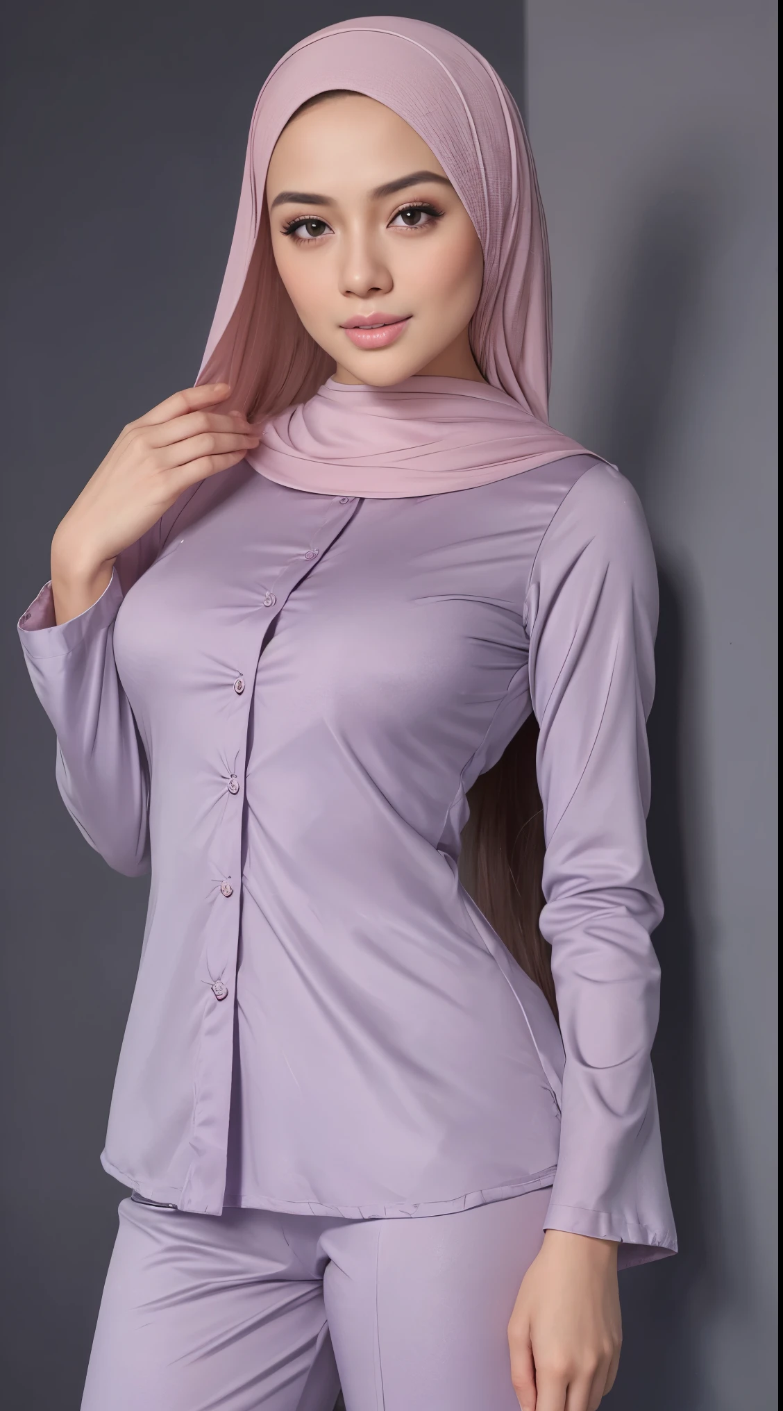 (very cute girl) , like mira filzah face, (raw photo:1.2), ((17 years old)), (photorealistic:1.4), russia mix korea hyper white skin, realistic skin texture, pale skin, very detailed eyes and face, beautiful detailed eyes, turkish nose, super detailed, high resolution, very detailed, masterpiece,unified, 48k wallpaper, amazing, Fine details, masterpiece, best quality, ((Tight F cup breasts size)), straight long hair, (extra long hair : 1.5), dark brown hair, elegant hair style, light on face, cinematic lighting, 1girl, perfect body, slim abs, skinny, ((1 malay girl , beautiful face)), hyper realistic bright lighting, realistic shadow, ((wearing a twisted pajamas, purple color pajamas)), ((perfectly composition)), dynamic poses, dynamic shot angle, (All grey background)