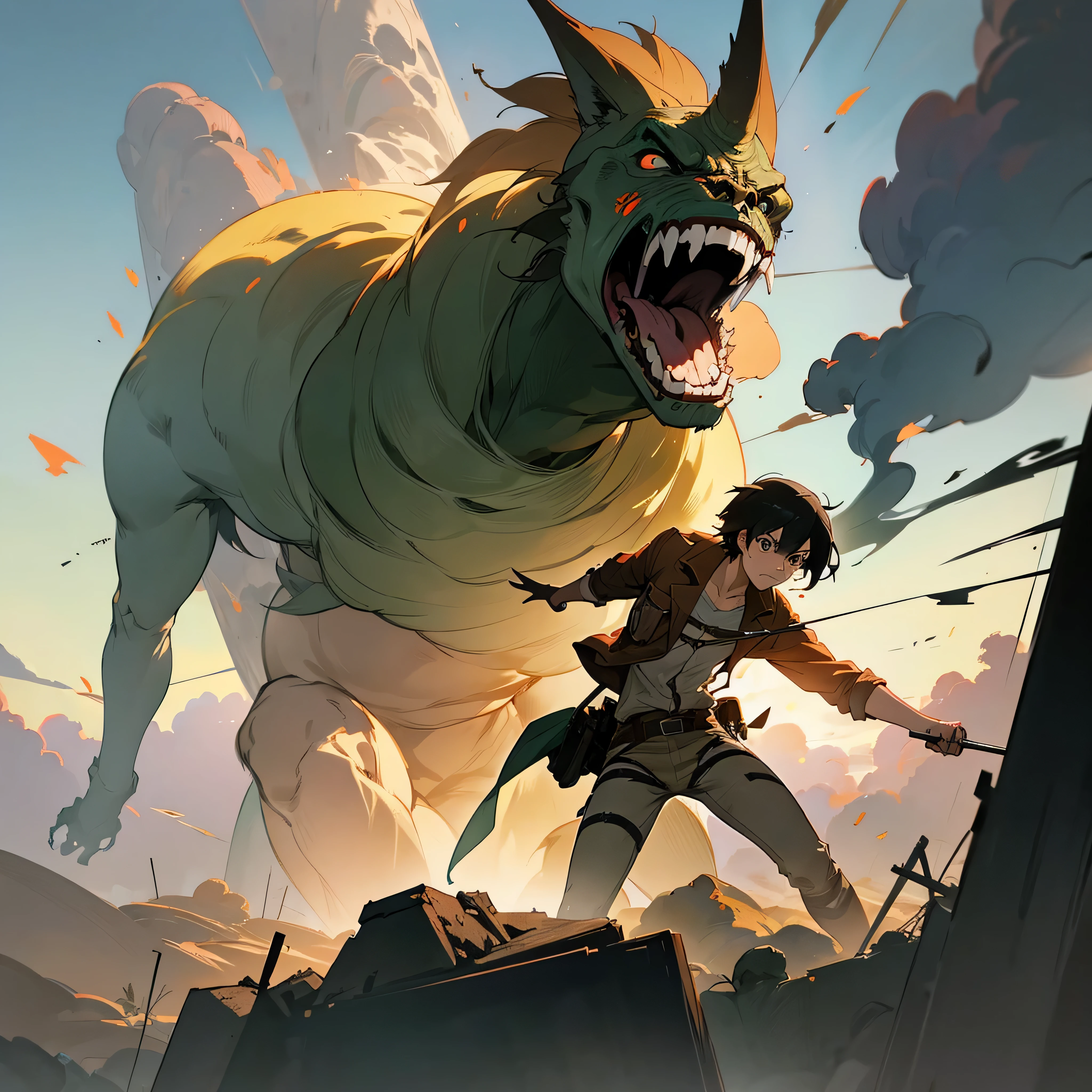 Attack on Titan, angry Giants, dark and gritty, Studio Ghibli, Anime Key Visual, by Makoto Shinkai, Deep Color, Intricate, 8k resolution concept art, Natural Lighting, Beautiful Composition