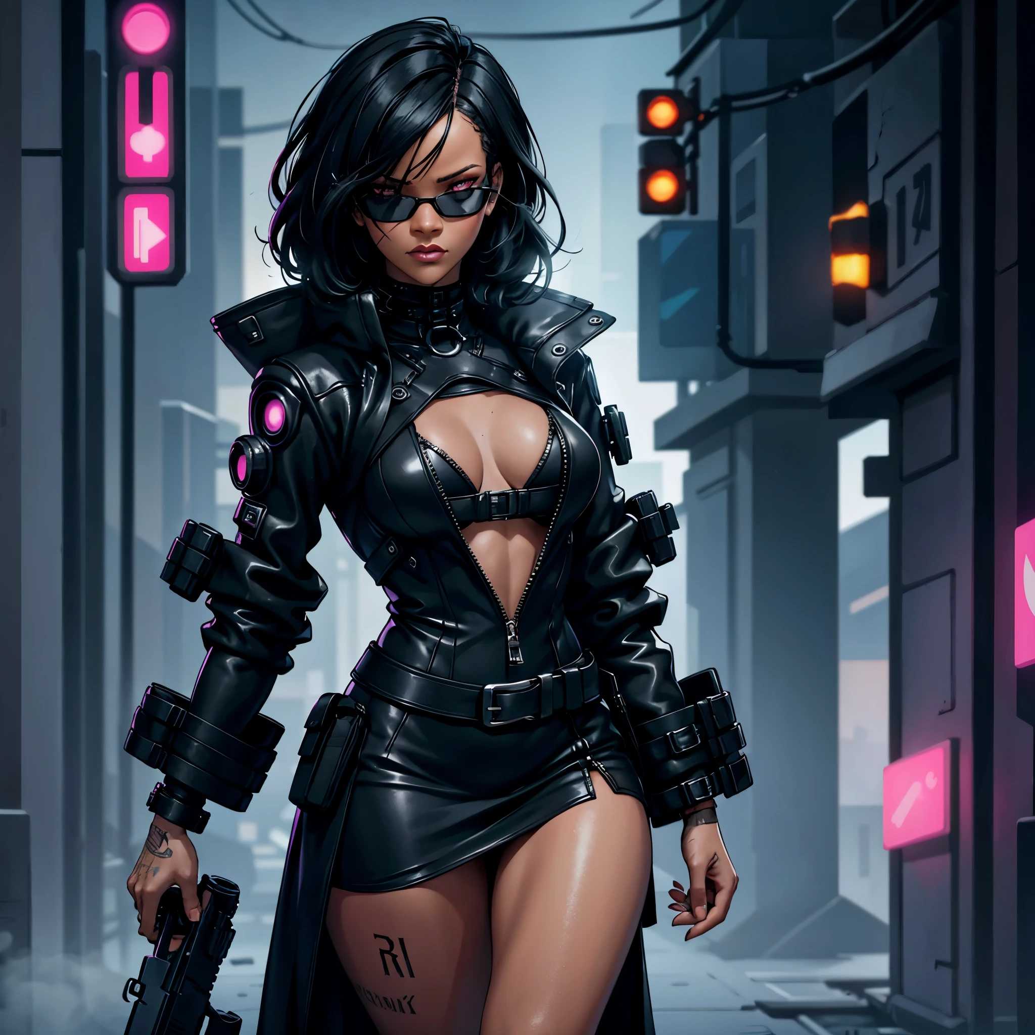 "(black mafia cyberpunk dress:1) (Rihanna) (shadow mists) dark theme :: focus on closeup face, indifferent face, Rihanna face, :: whole body ::ultra realistic futuristic dress cyberpunk black woman athletic, :: long black hair :: cyberpunk streets :: cool cyberpunk dark ghotic dress, black eyeists everywhere :: natural lighting :: bokeh :: 8k :: best quality :: masterpiece :: insanely detailed:1.5"