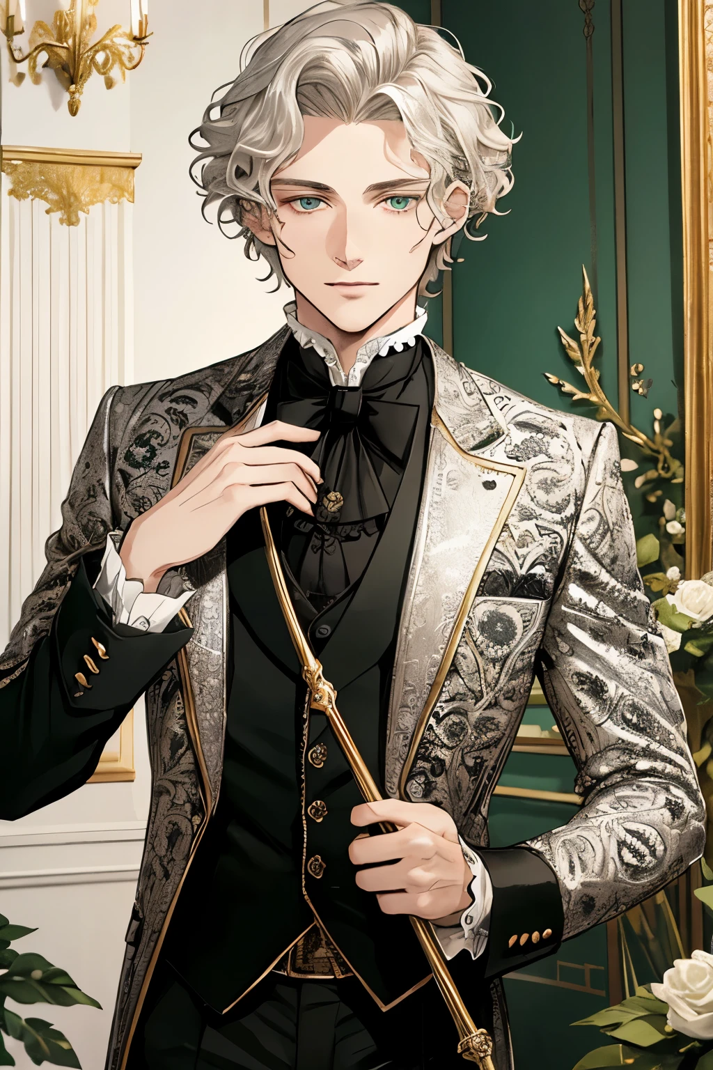 Wavy curly midlle short blonde hair, male 22 years old, green eyes, dressed in a victorian black and white suit filled with embroided silver roses, with a golden cane