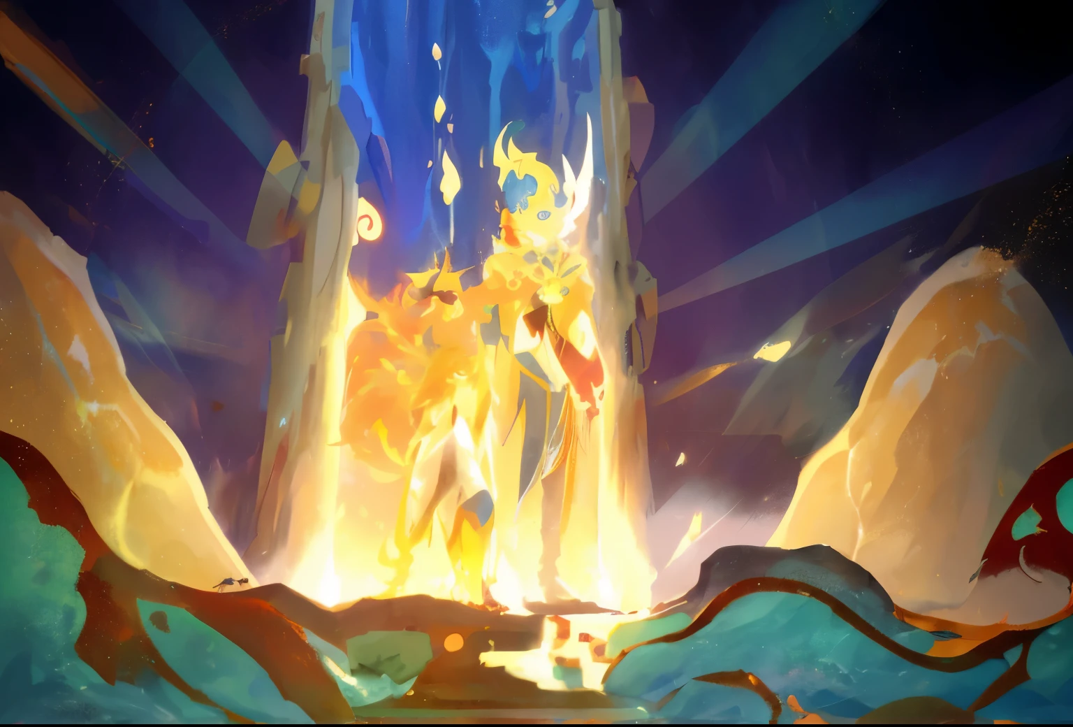 anime scene of a man standing in front of a waterfall, by Lisa Nankivil, ninetales, wakfu colors + symmetry, concept art magical highlight, aurelion sol, style of duelyst, appears as the fire goddess, onmyoji detailed art, buizel and human fusion, glowing golden aura, stylized concept art