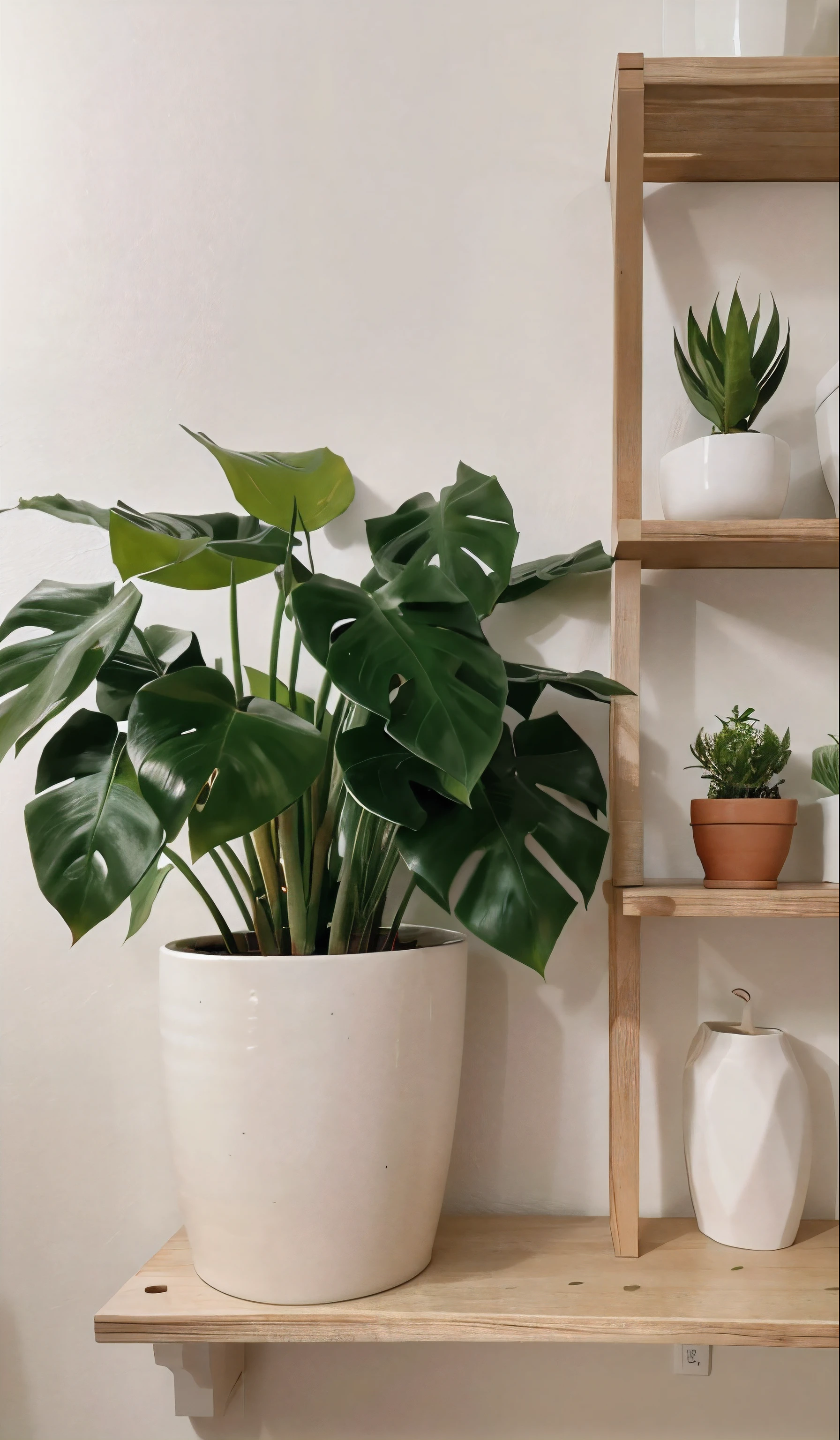 Raw photo,Monstera plant with four leaves, look fresh, on white pot, and wooden wall shelves, background white wall, aesthetic lighting