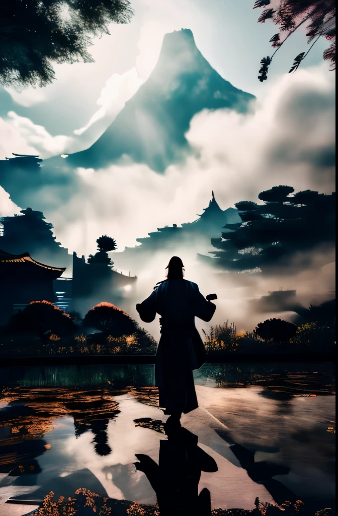 Chinese style,Medium shot scene,Taoist monk stood in front of a huge transparent lion,hold out her hand,long messy hair,glow effect,surreal,ultra photoreal sim,chinese black and white ink style,Silver,discoloration,dirt,pitch black,8k,super fine,high quality,OC renderer