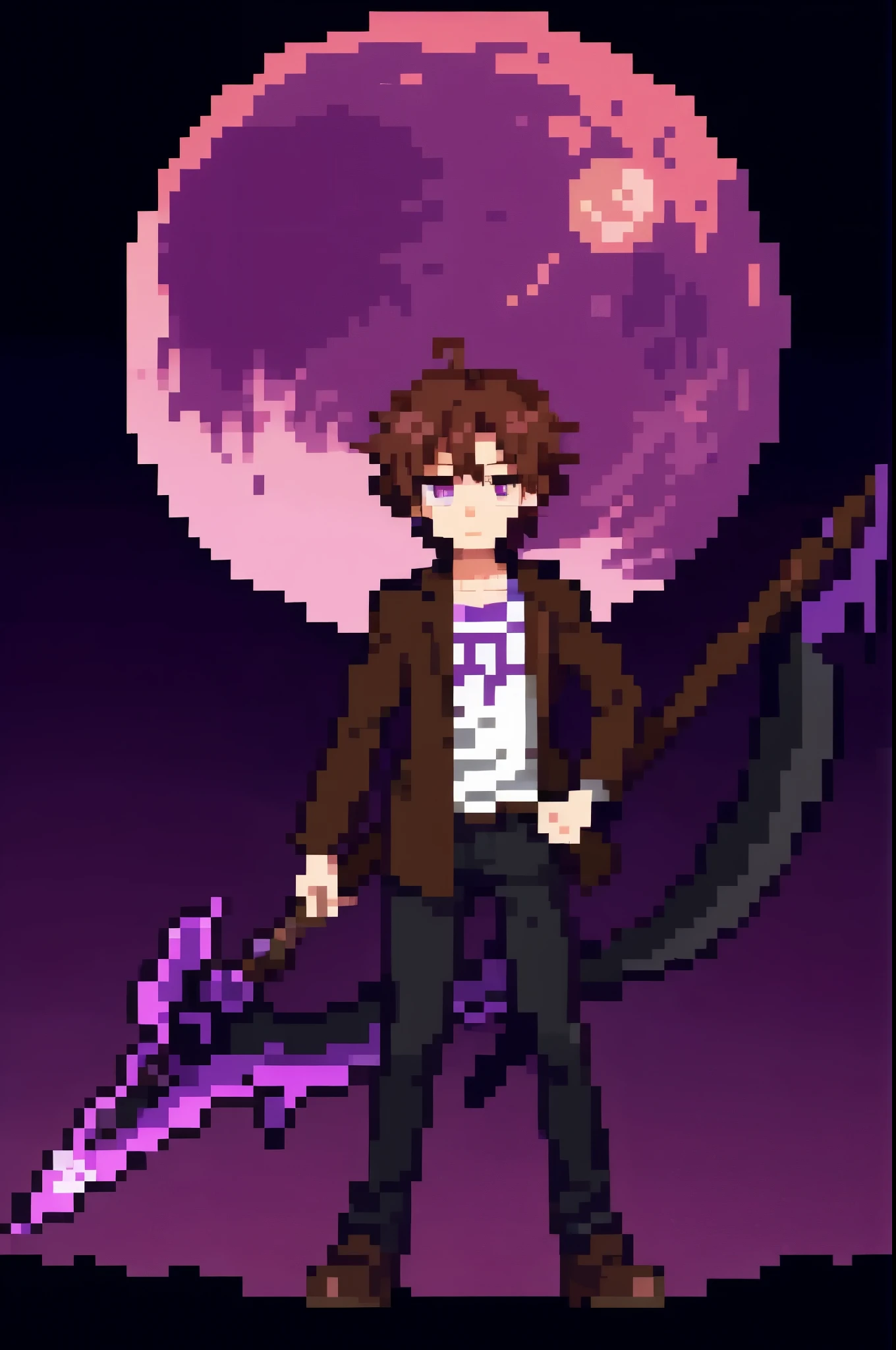 Male anime character with light brown hair up holding a purple demonic scythe that has a demonic aura., frente a un paisaje de luna llena violeta , que tenga los ojos morados oscuros , que vista ropa moderna , que en su ropa hayga un simbolo con una U