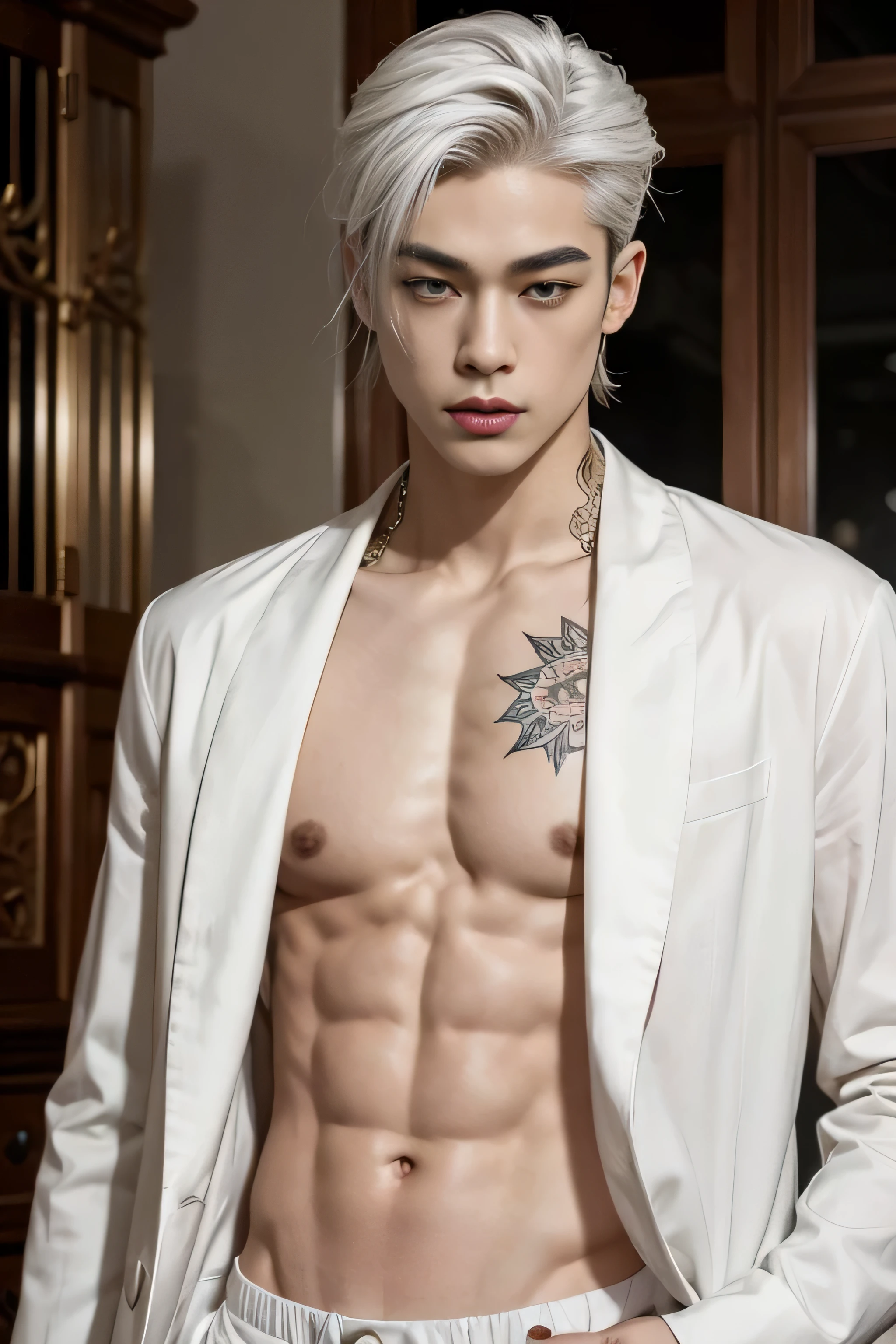 masterpiece, best quality, handsome Asian 25 year old, fair skin male, white hair, perfect face, chest abs, slender, masculine, full body tattoos, exquisite clothes