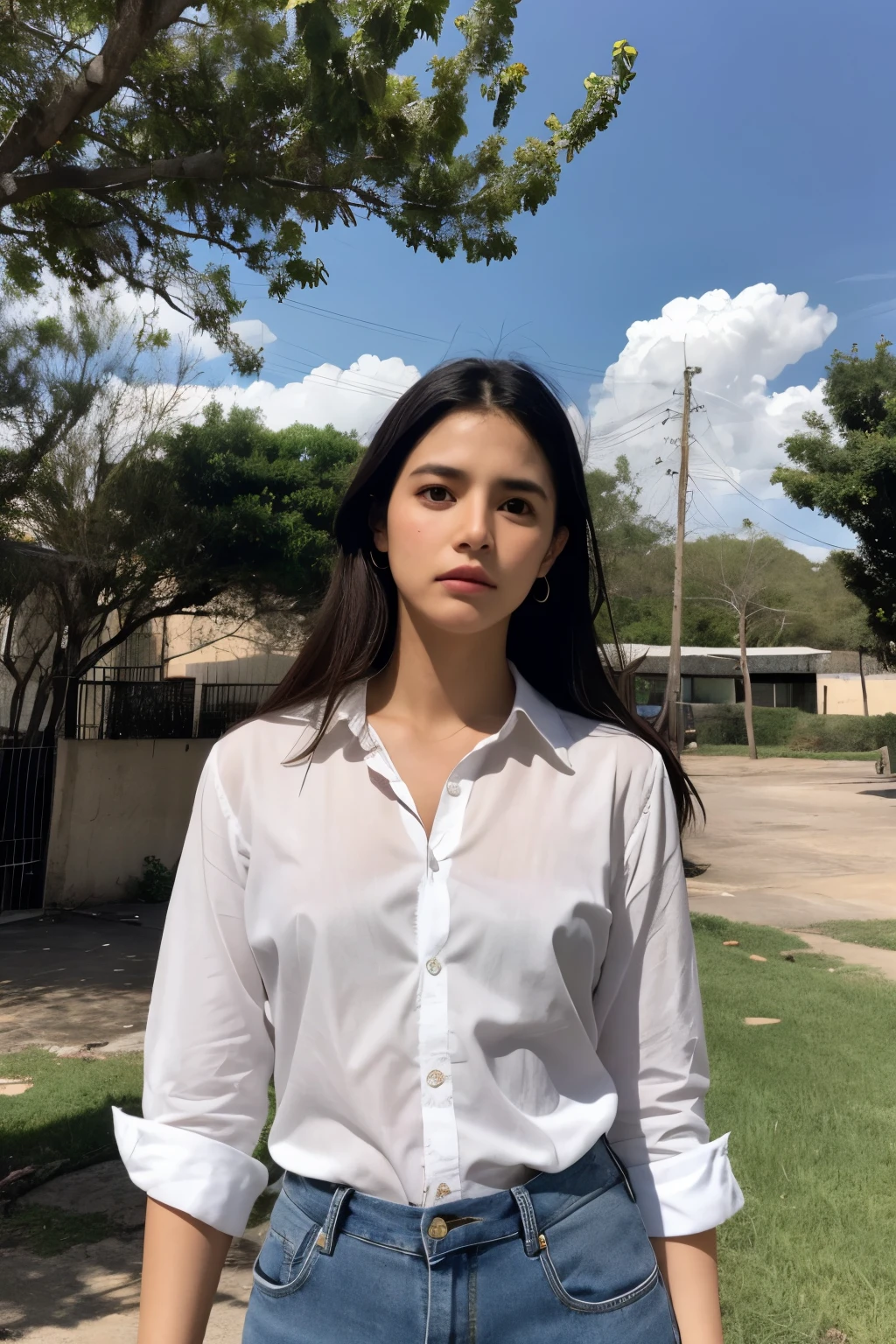 mujer tailandesa, mirar al espectador, pelo largo, camisa, vaqueros, nube, day, cielo,al aire libre, Despues del Apocalipsis, Restos, escenario, tree, agua, Showing a