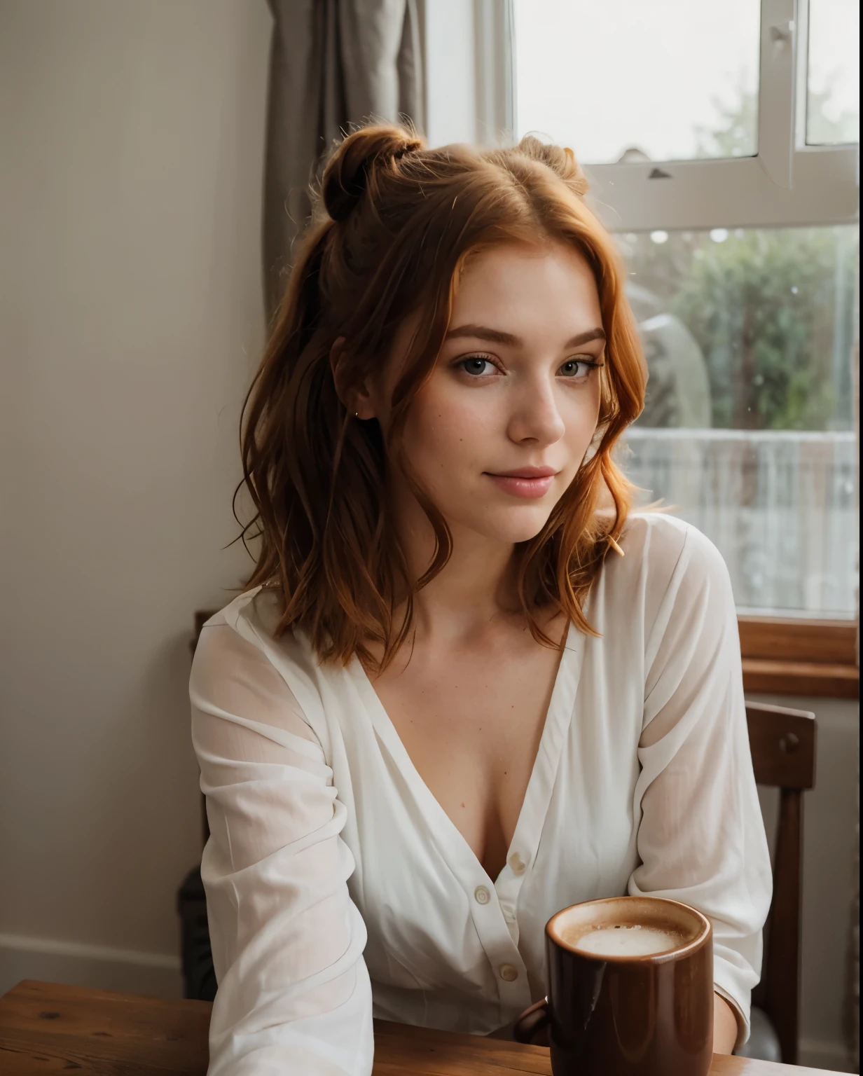 Young redhead woman, hair styled two buns, taking a selfie, best quality, perfect face, white blouse, in a homely and cozy atmosphere, with natural light coming in through the window. She holds a mug of coffee with a soft smile, looking ready to start her day, Light tones in the background,