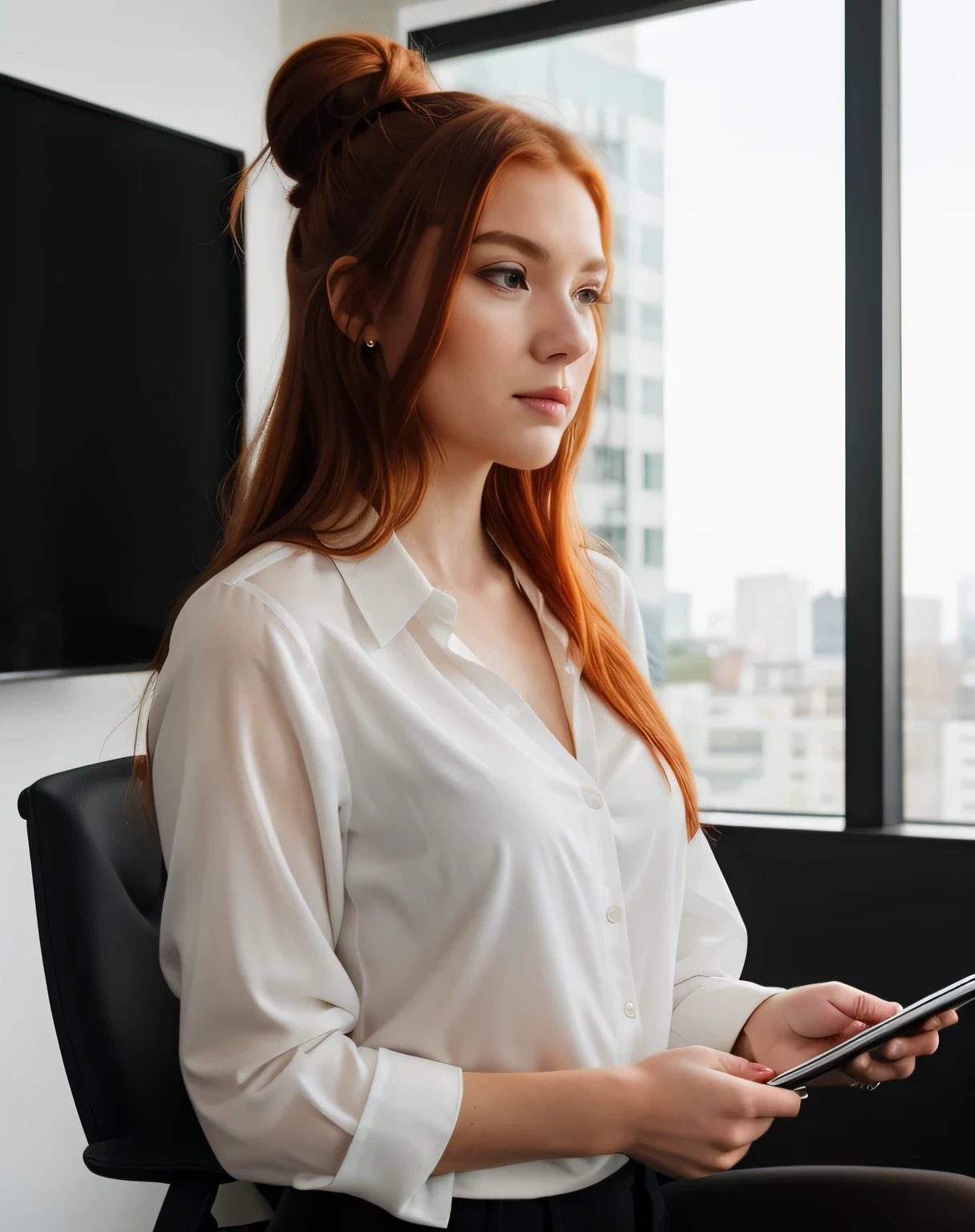 mulher ruiva jovem, cabelo penteado com dois coques, melhor qualidade, rosto perfeito, Blusa branca, In a modern meeting room, focused and engaged in a discussion with holograms or digital screens around, demonstrating leadership and innovation, Corpo todo, 
