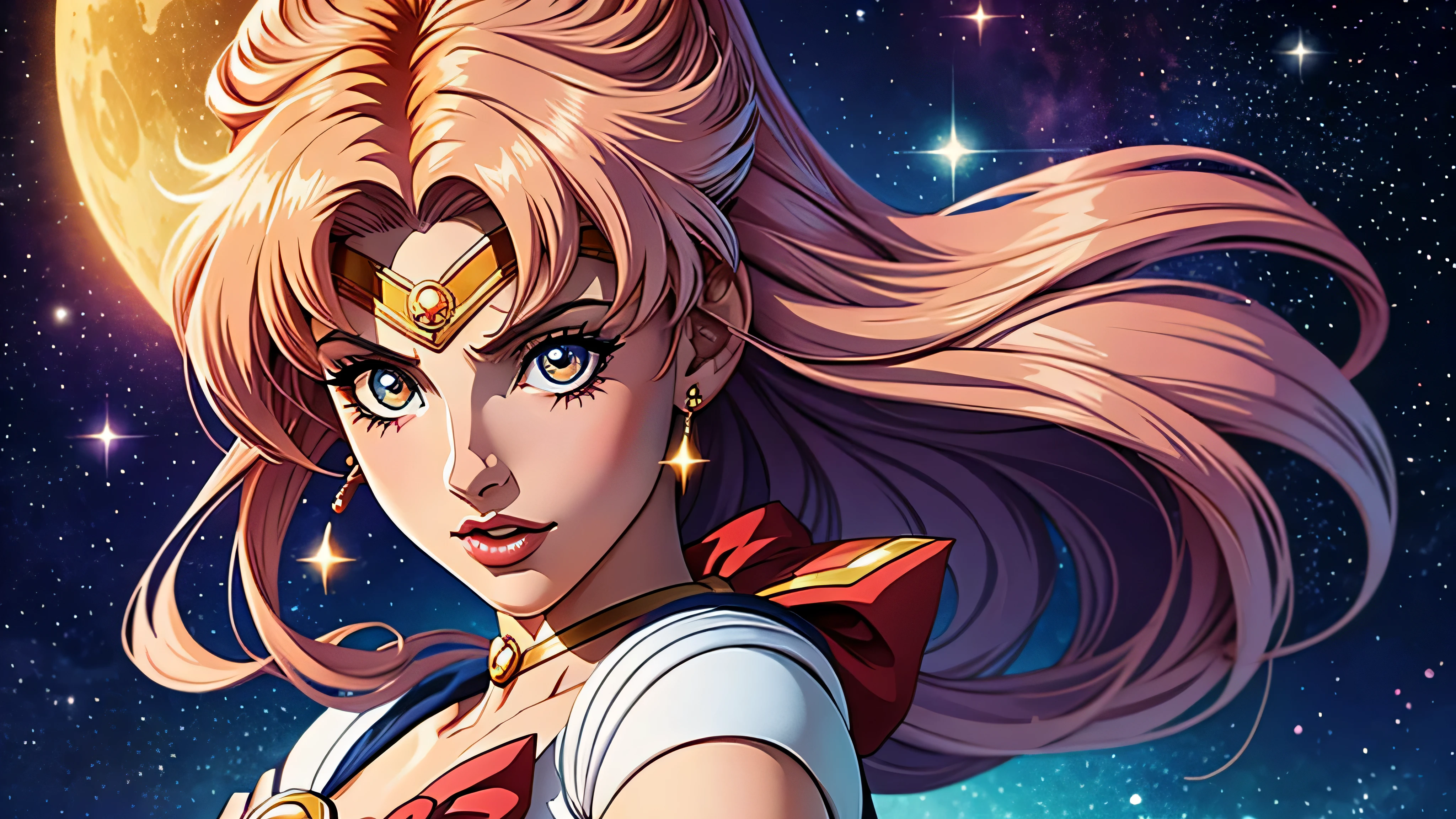 garota do anime, Produce an illustration of Sailor Moon in her transformed form, com seu cetro brilhante e rodeada por estrelas cintilantes