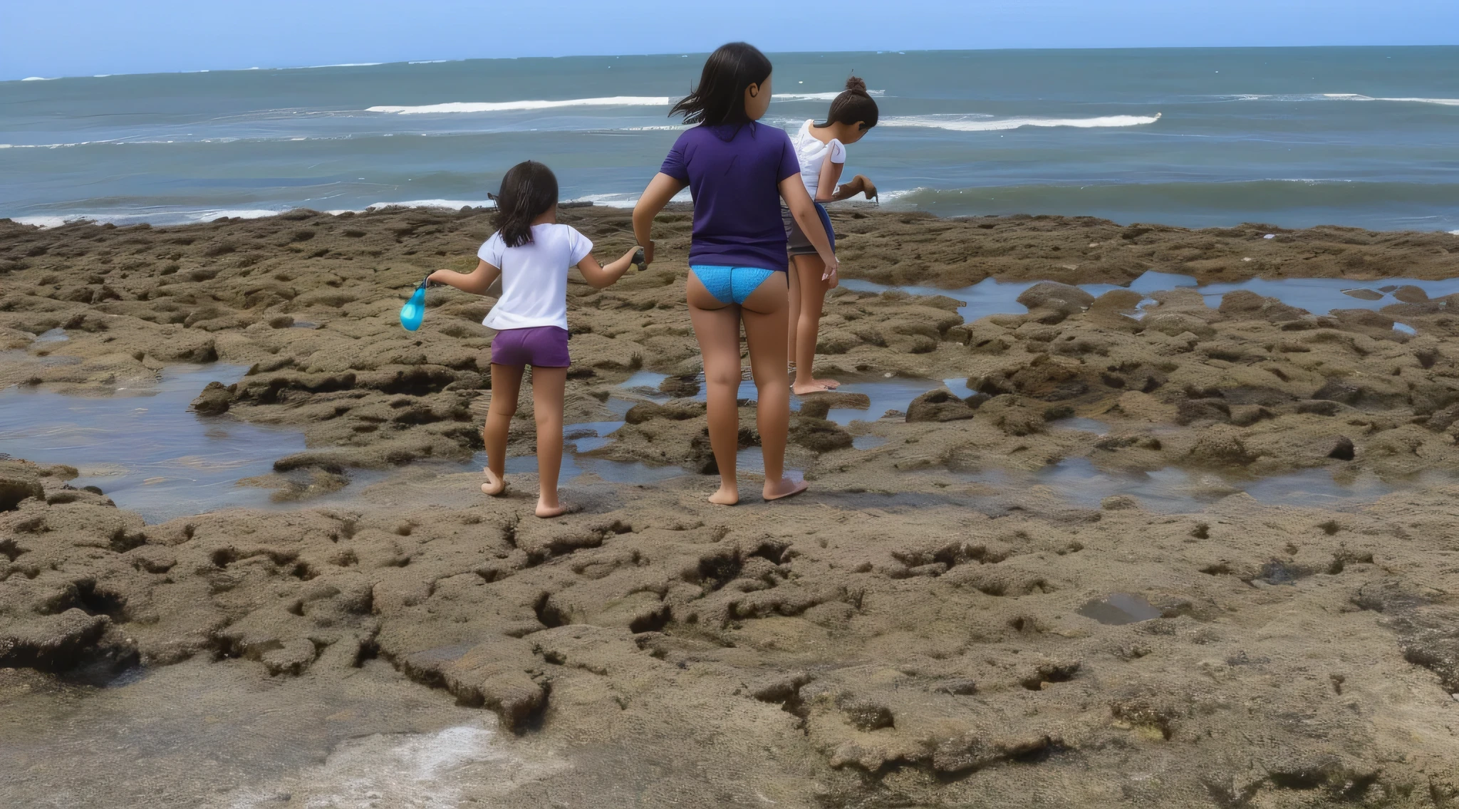 a woman standing on the rocks by the sea, piscinas naturais, brincando na praia, crateras de concha, kids brincando na praia, parado na praia, olhando para o oceano, parado ao lado do oceano, standing on the rock, perto do mar, children brincando na praia, standing near the beach, standing on the rocky ground, na praia