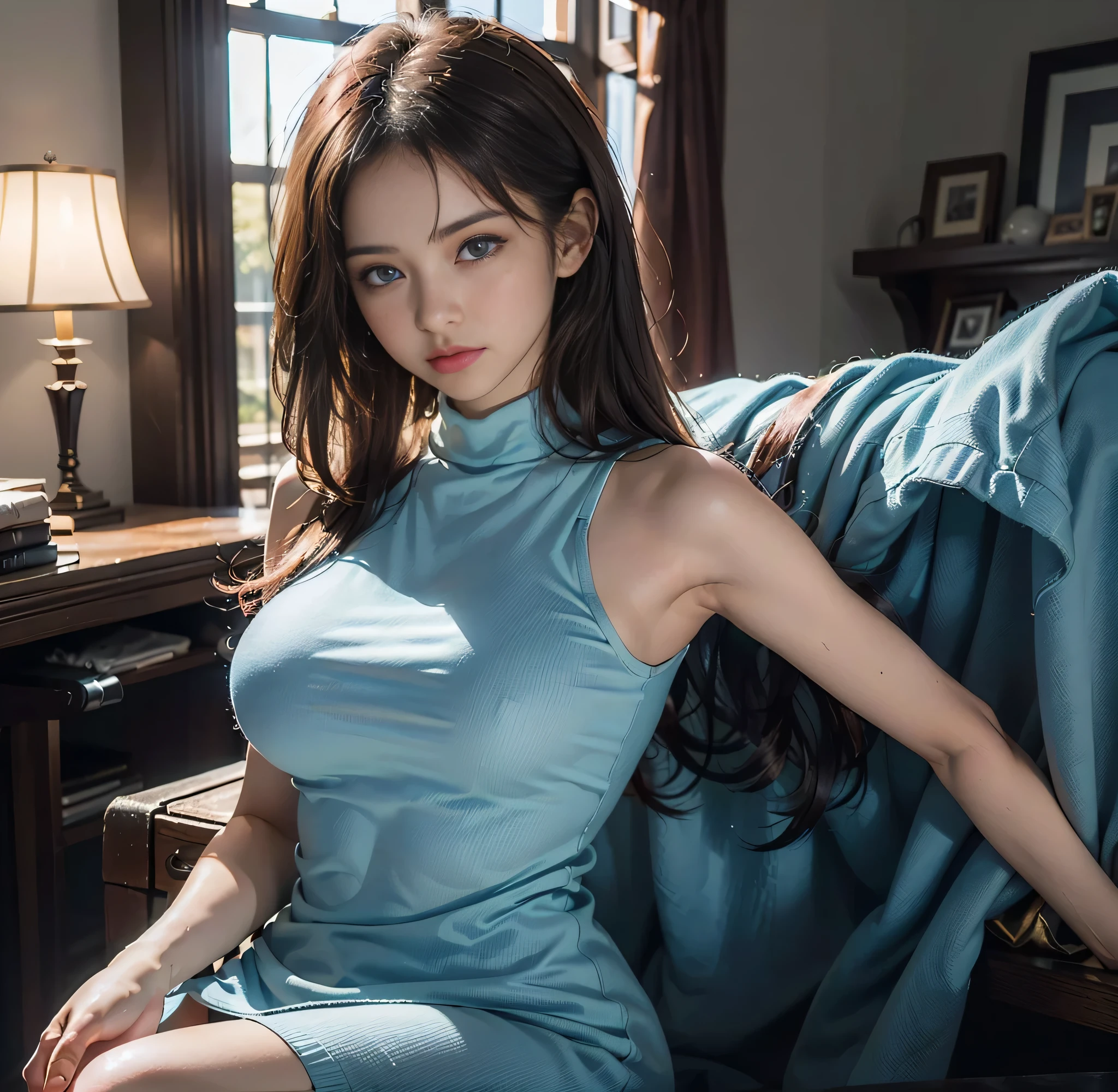 {highest quality}, {8K quality}, masterpiece, (Professional lighting without shadows), (1woman:18-year-old), (Perfect body and firm big breasts:1.3), {{radiant white skin}}, (Bright and beautiful blue eyes with plump tear bags reflect a lot of light......:1.2)、 (She is wearing a light blue sleeveless turtleneck micro mini dress.), (No skin is exposed on the upper body except for the arms......:1.4), (turn towards me、Please show me your firm chest through your clothes......:1.2), {{(from the knees up:1.3)}}, (standing like a model),