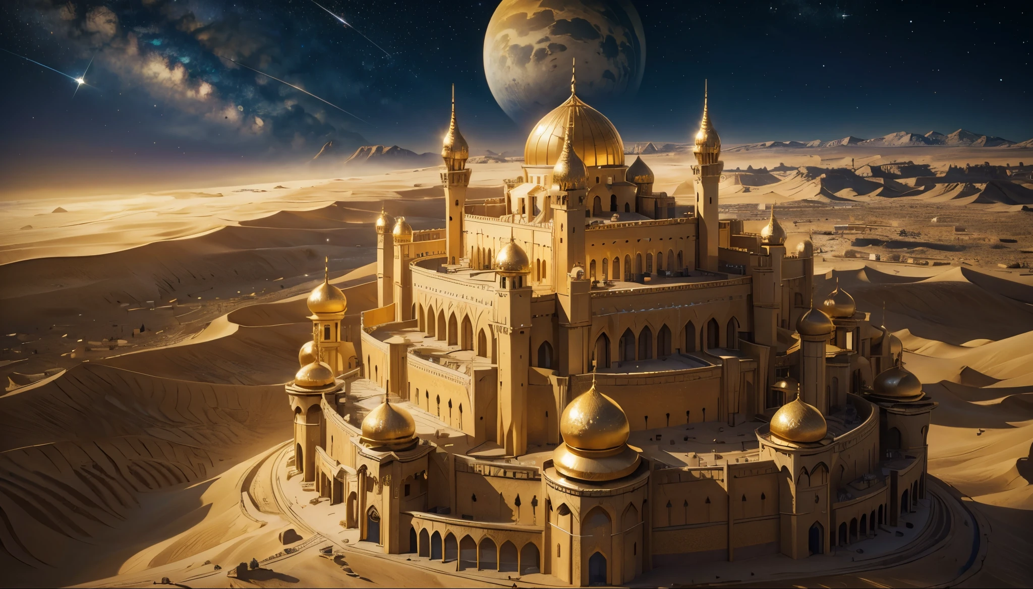 (masterpiece:1.2),(best quality),(8K,HD),(starfield:1.1), desert, muslim castle, round golden roofs, grand structure, bright hugh noon, epic building, empire capital, oasis, palms, fairytale, golden particles in the air, glorious atmosphere, luxury, rich desighn