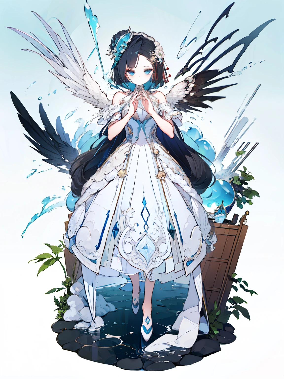 background white、White background、(top quality、8k、​Masterpiece:1.3) Highly detailed facial and skin textures、Whole BodyEsbian、very delicate blue eyes、double eyelids、white skinned、hair length、(round face:1.5)、A black-haired one、Cyan-white ta dress with Chinese elements（Formal dress styles、Han element clothing、Chinese style dress that combines classical and modern styles）、Headband、hair tucking、Elements of ice, water and white dove、smiling、front、Full body shot from head to toe、pass upright、stand up straight、Pictures of standing on the tips of shoes