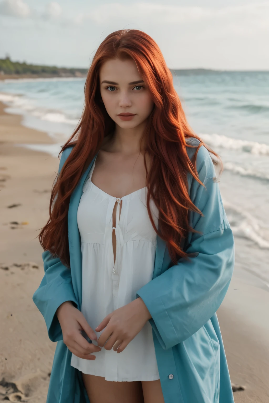 a very beautiful girl standing on the beach having with red long hairs ultra realistic, highly color coded 8k