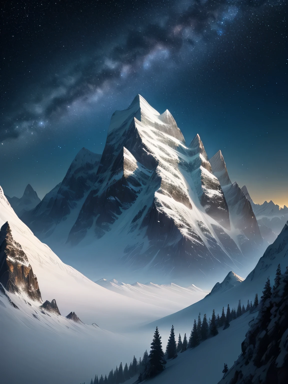 create an image of very beautiful mountains, their slopes are covered with vegetation, under the starry sky in a dark fantasy atmosphere