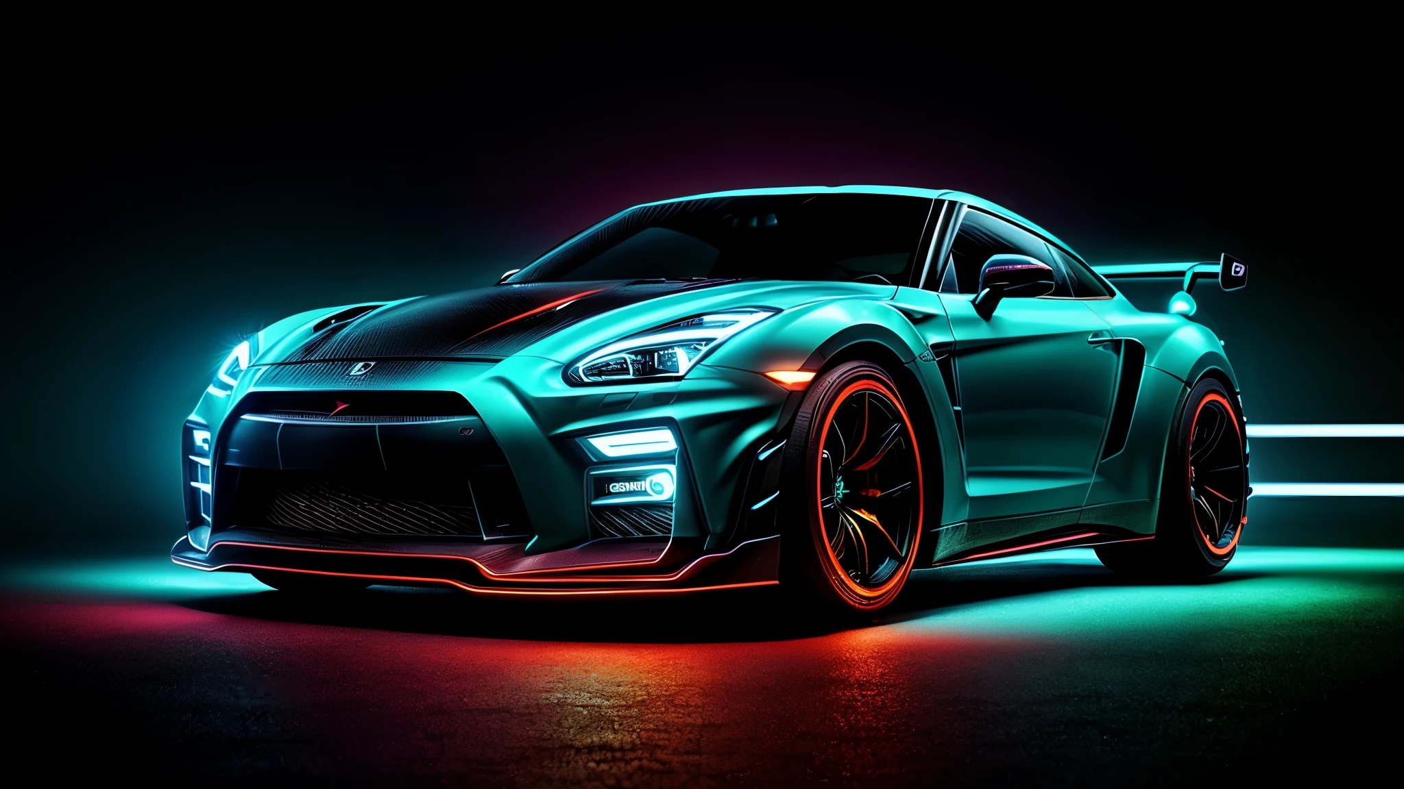 A 2023 GT R lowered wide body, car body molded as if it was in the movie Tron legacy, red LED strips light up all the body lines of the car, night city background, motion blur, a close up of a car with a glowing blue stripe on the hood, tron, glowing neon vray, cyan headlights, black and cyan color scheme, futuristic neon, cyan lightning, black neon lights, teal neon lights, colors of tron legacy, stylized neon, dark neon lighting, light cyan, neon dark lighting, neon-noir background