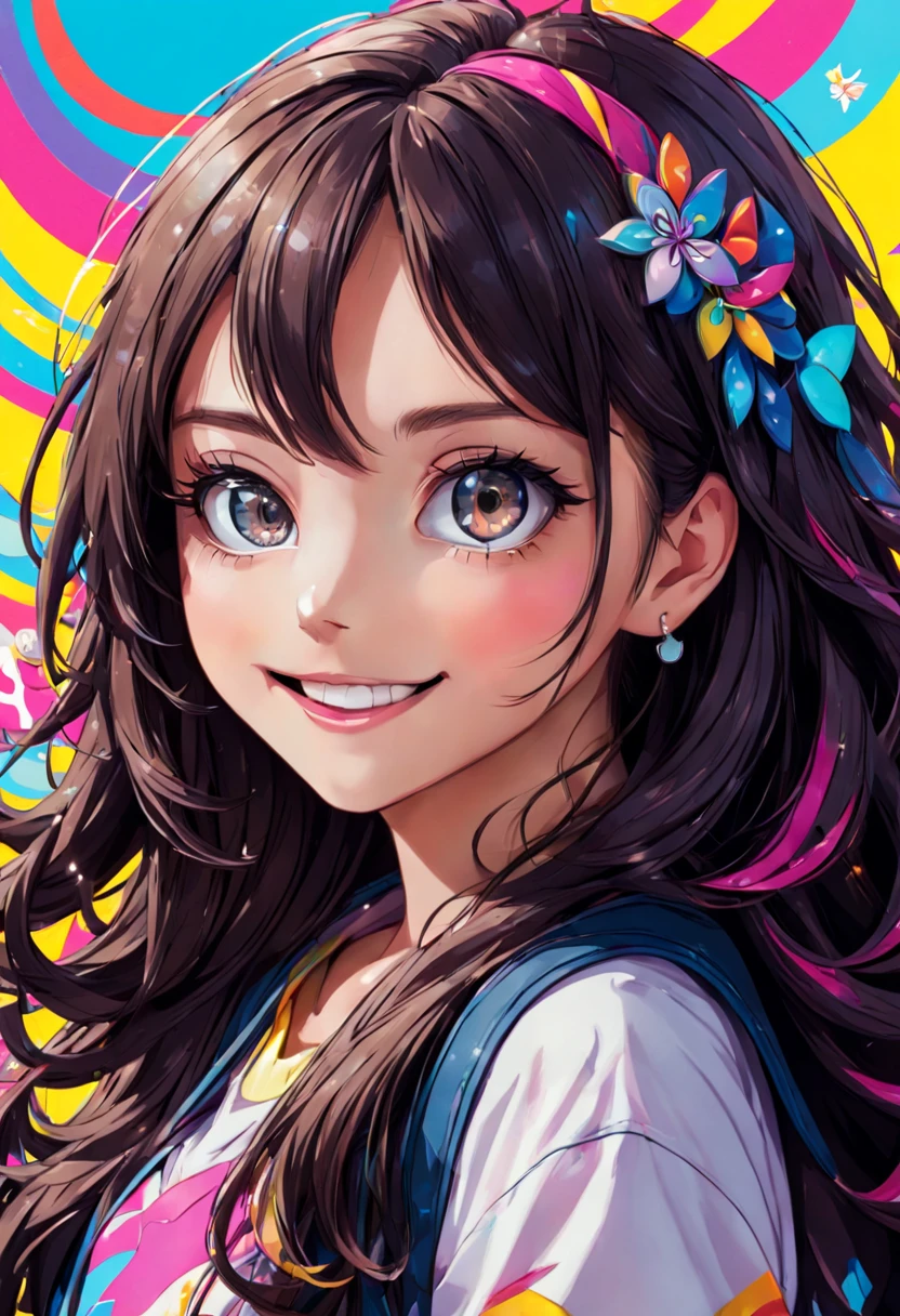 (best quality,highres,ultra-detailed)anime girl,sticker art,shining eyes,long hair,innocent smile,lively pose,colorful background,vibrant colors,detailed clothing,playful expression,sparkling stickers,geometric shapes,soft shading,anime style,digital illustration,creative composition,bold outlines,stylized elements,unique design,contrast in patterns,expressive eyes,subtle highlights,eye-catching accessories,endearing character,cute and charming,artistic expression,dynamic movement,eye-catching composition,vibrant and energetic,playful and whimsical,colored hair,contrast in textures,eye-catching details,cheerful personality,sense of joy,positive vibes,adorable and lively,artistic imagination,visual storytelling,creative and imaginative,input of emotions.