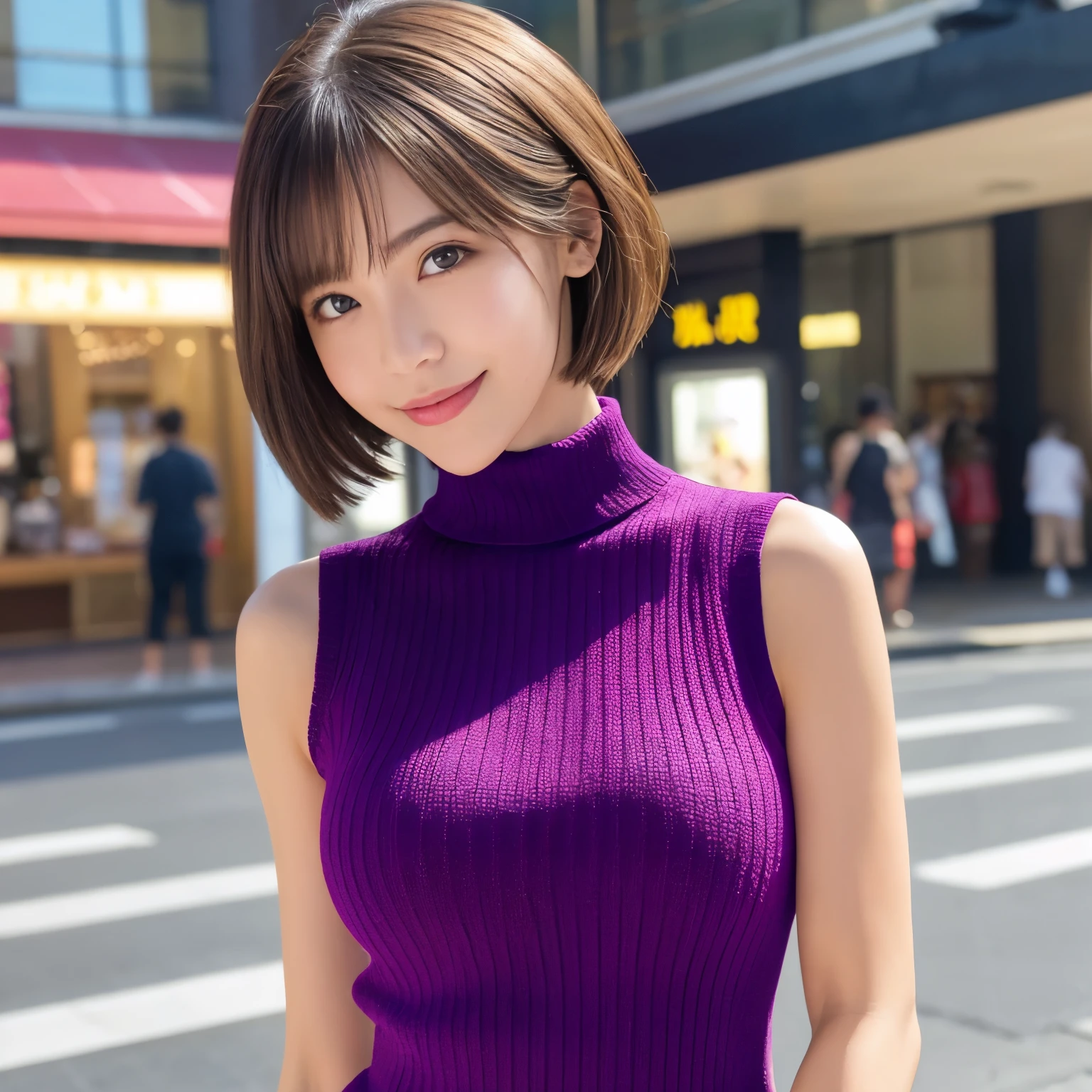 (highest quality、table top、8k、best image quality、Award-winning work)、one beautiful woman、25 years old、alone、perfect beautiful composition、perfect fit、(Full body photo:1.1)、(emphasize body line:1.2)、(Perfect and bright turtleneck sleeveless knit sweater dress:1.2)、(Perfect and precise turtleneck sleeveless knit sweater dress:1.1)、(very big breasts:1.1)、slender body、(elegant straight short hair:1.1)、smile looking at me、(Strongly blurred background of the shopping street in front of the station:1.1)、Standing gracefully、natural makeup、Ultra high definition beauty face、ultra high definition hair、Super high-definition sparkling eyes、(Shining ultra-high definition beautiful skin:1.1)、Super high resolution glossy lips、accurate anatomy、ultra high definition hair、(closed lips:1.1)、(very bright and vivid:1.2)