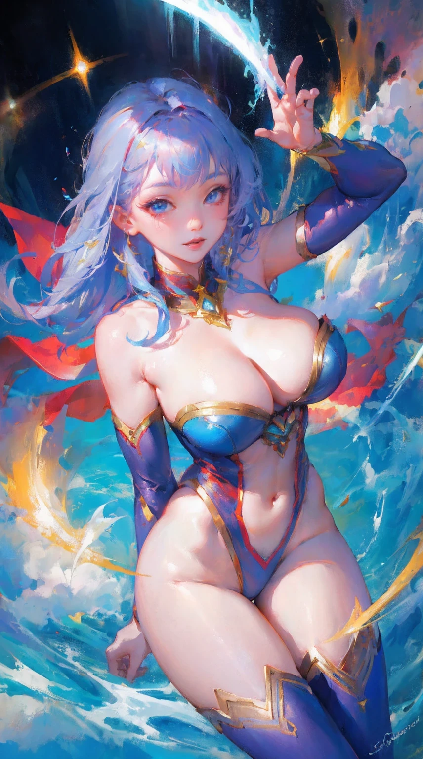 game character, East Asian original art character design, 1 girl, alone,[:(gradient background:1.5):40],full body lesbian, big breasts, Supergirl costume dress